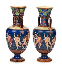 A Pair of Samuel Alcock Redware Greek Revival Twin-Handled Urns