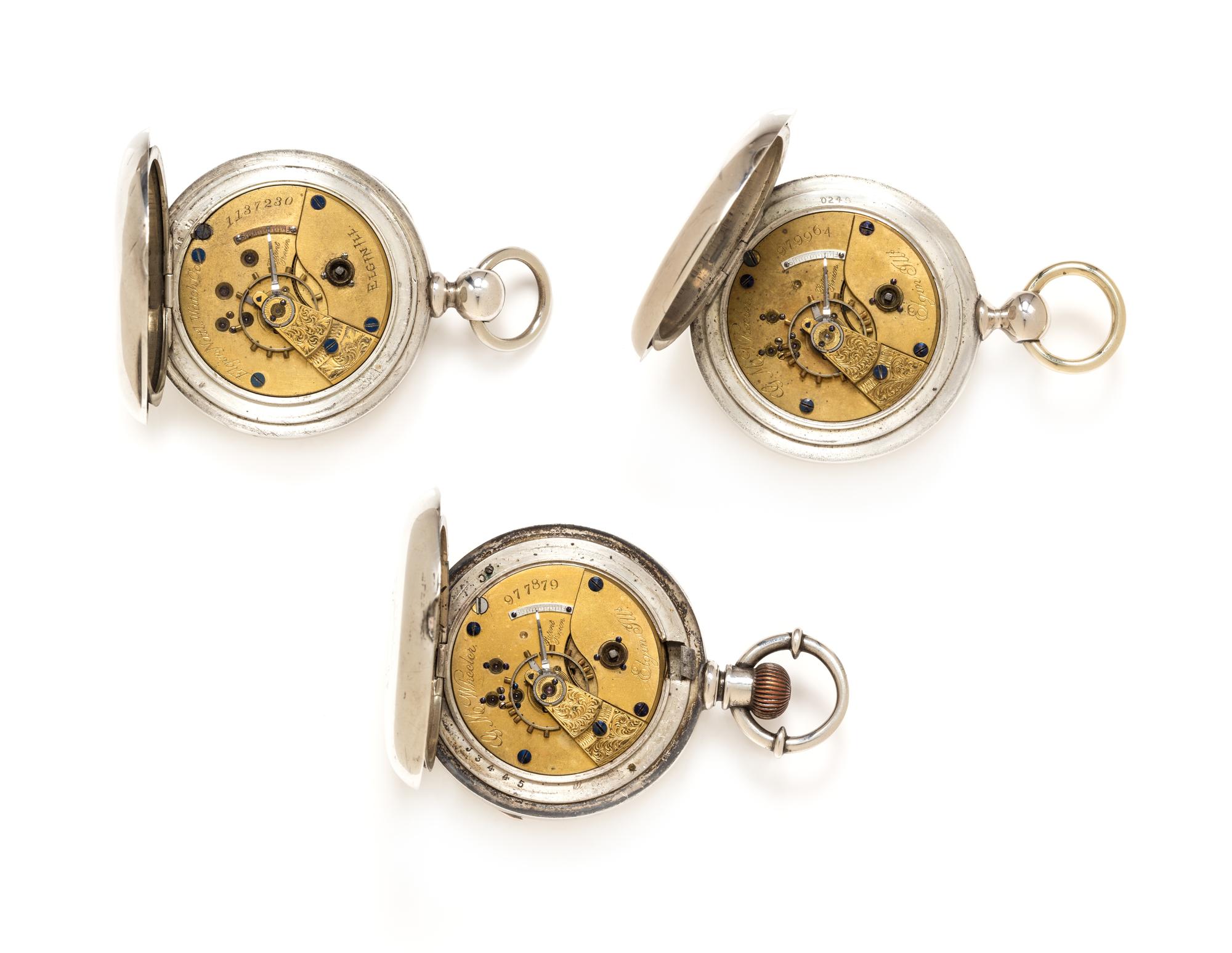 A Collection of Coin Silver Open Face Pocket Watches, Elgin, Circa 1882 and 1883, 348.80 dwts.