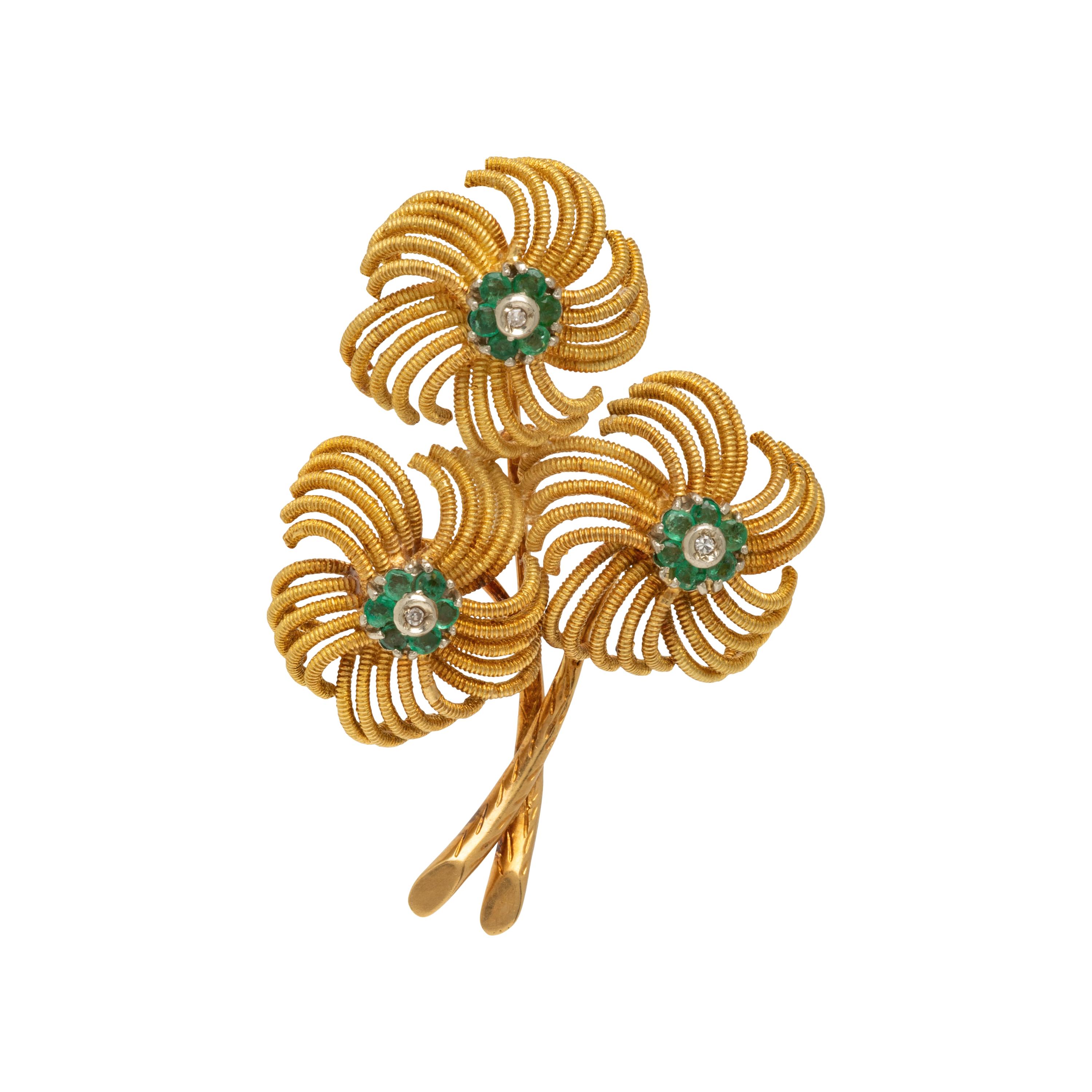 Yellow Gold, Emerald, and Diamond Flower Brooch