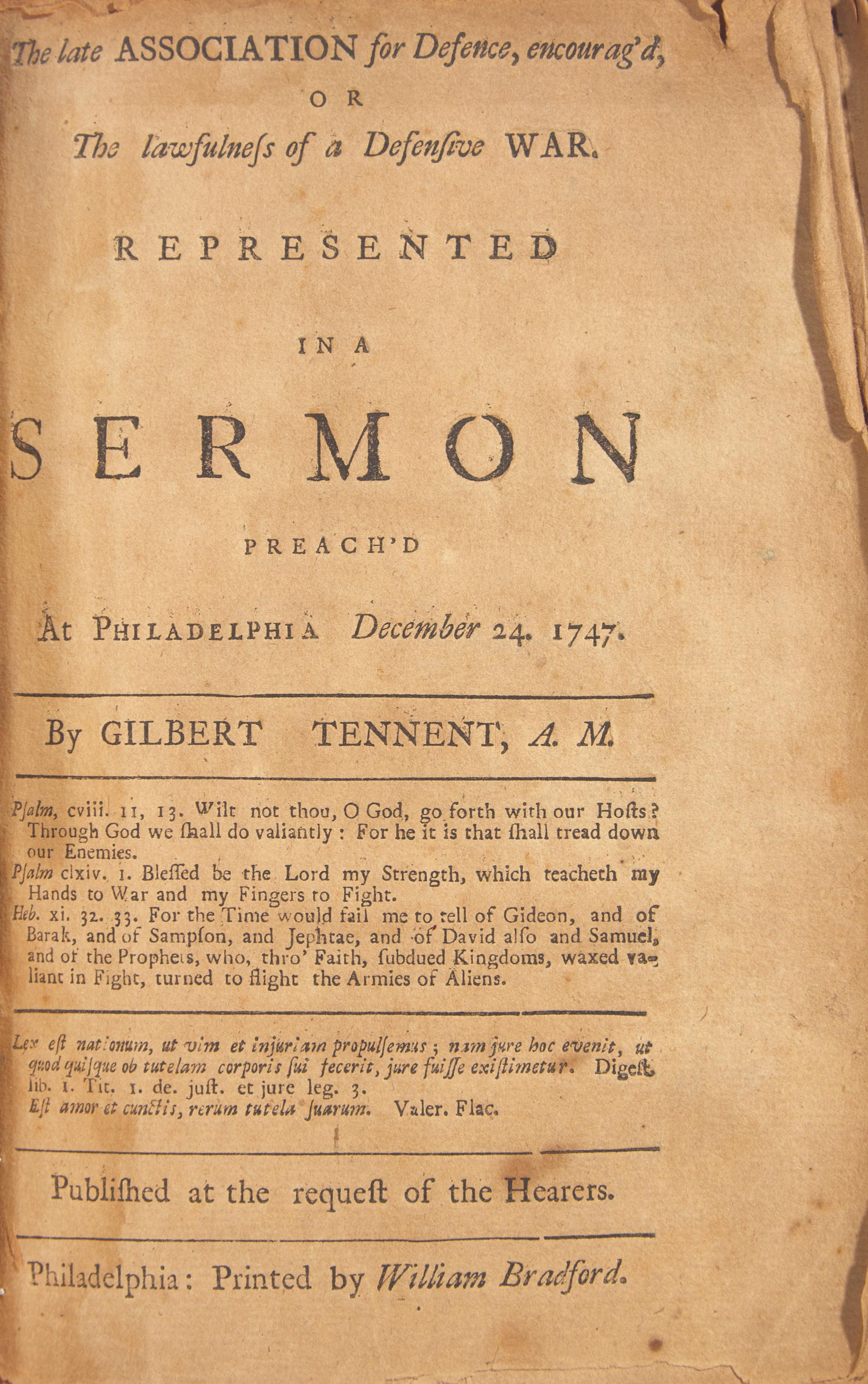 [Americana] [Franklin, Benjamin] (Smith, John) The Doctrine of Christianity, As held by the People called Quakers, Vindicated: In Answer to Gilbert Tennent's Sermon on the Lawfulness of War
