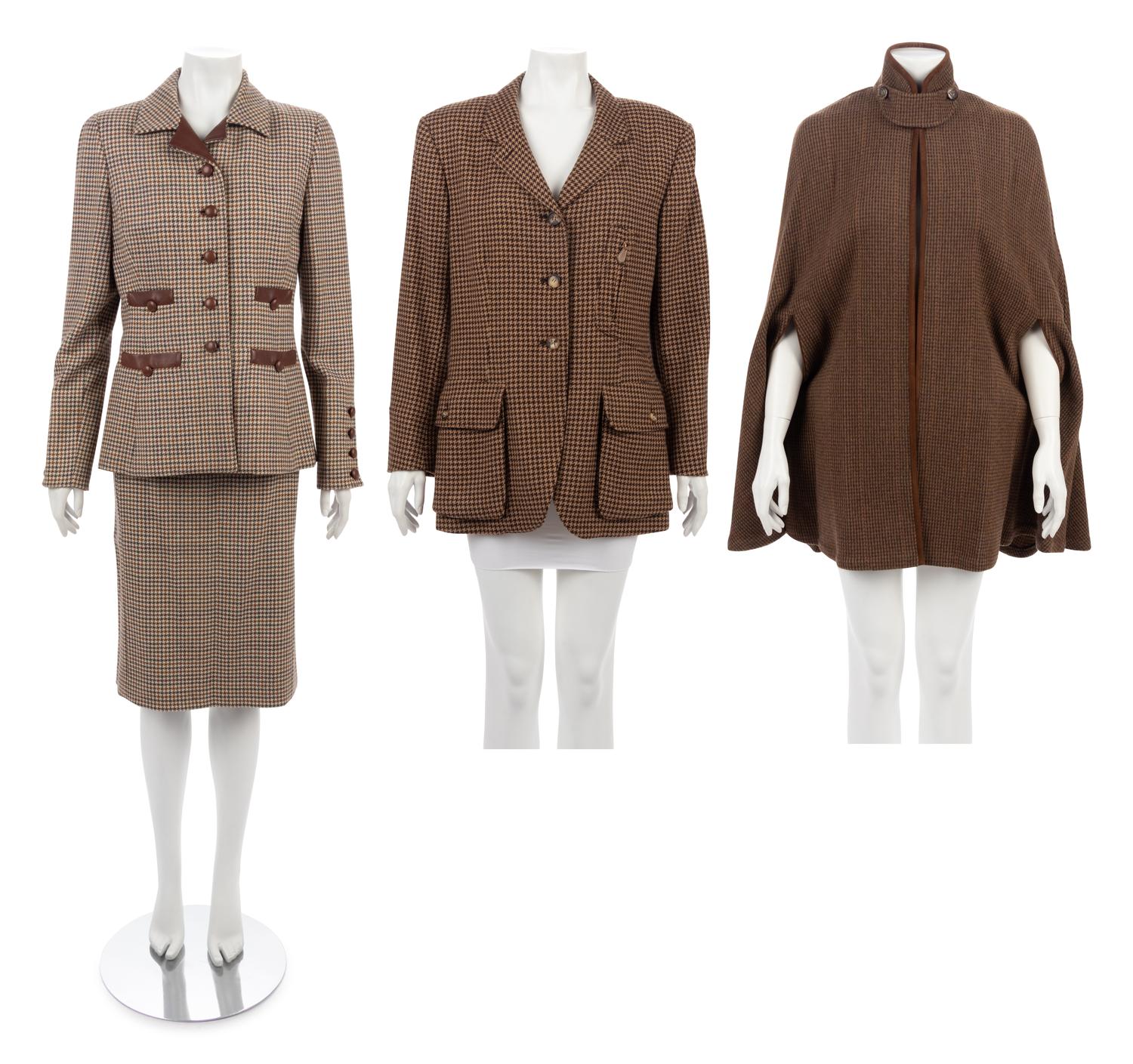 Four Houndstooth Pieces: One Oscar de la Renta Two-Piece Skirt Suit, One Hermes Jacket, One Ralph Lauren Cape