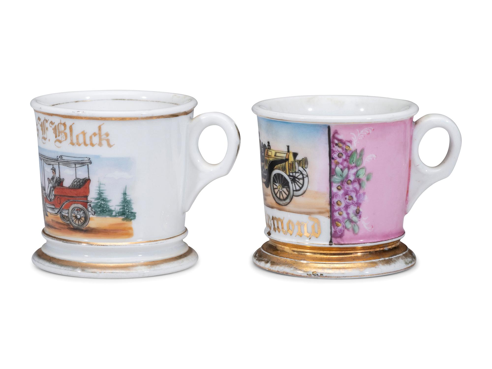Two Open Touring Car Porcelain Occupational Shaving Mugs