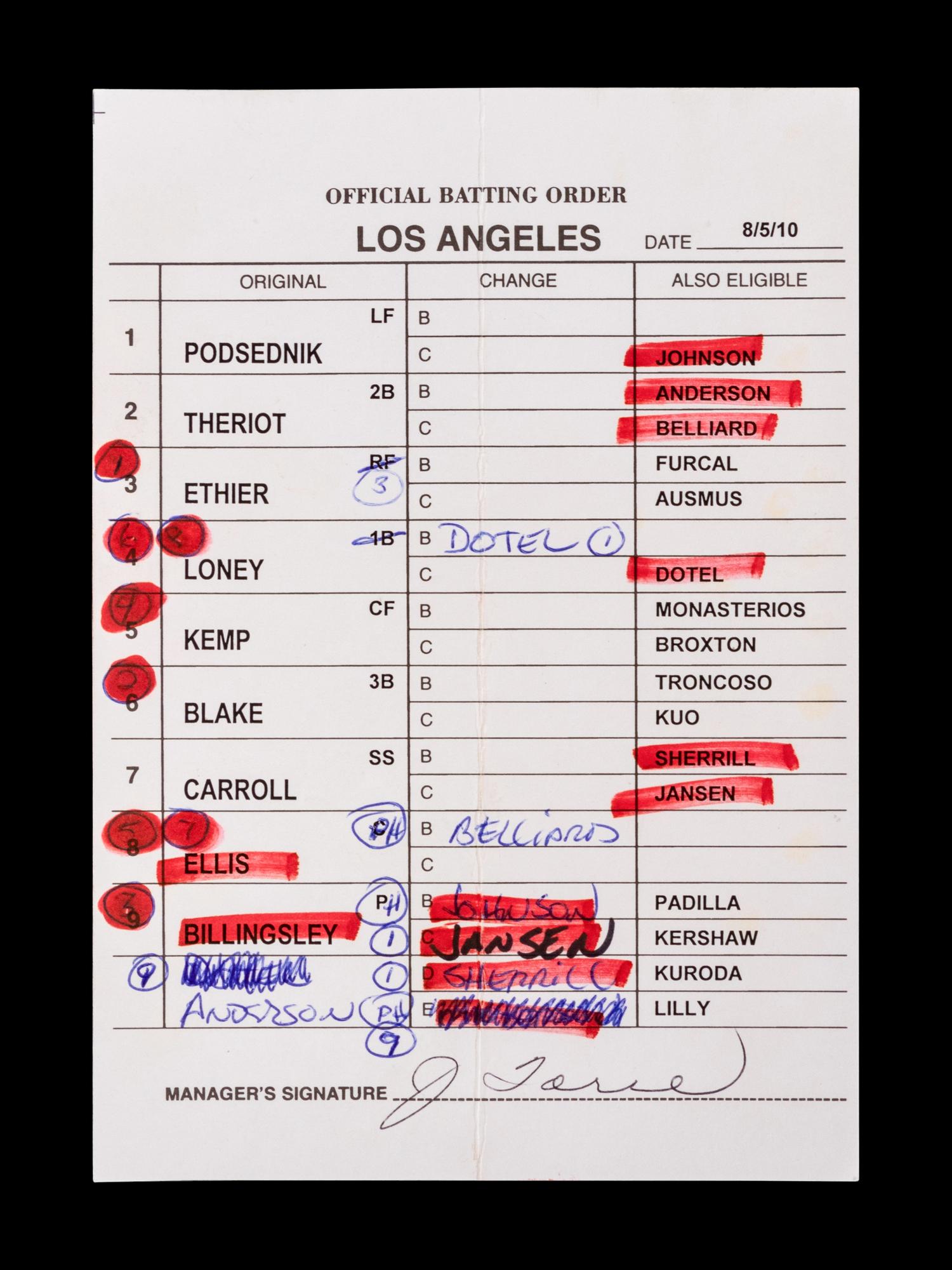 A Group of Five 2010 Joe Torre Signed Autograph Los Angeles Dodgers Umpire Lineup Cards from The Collection of Baseball Hall of Famer Ted Simmons,