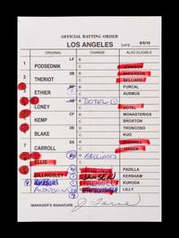 A Group of Five 2010 Joe Torre Signed Autograph Los Angeles Dodgers Umpire Lineup Cards from The Collection of Baseball Hall of Famer Ted Simmons,