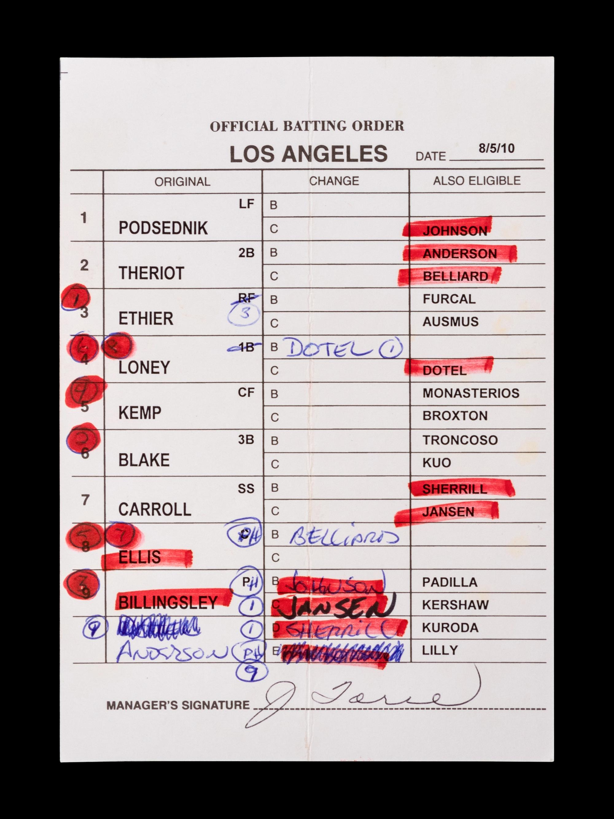 A Group of Five 2010 Joe Torre Signed Autograph Los Angeles Dodgers Umpire Lineup Cards from The Collection of Baseball Hall of Famer Ted Simmons,