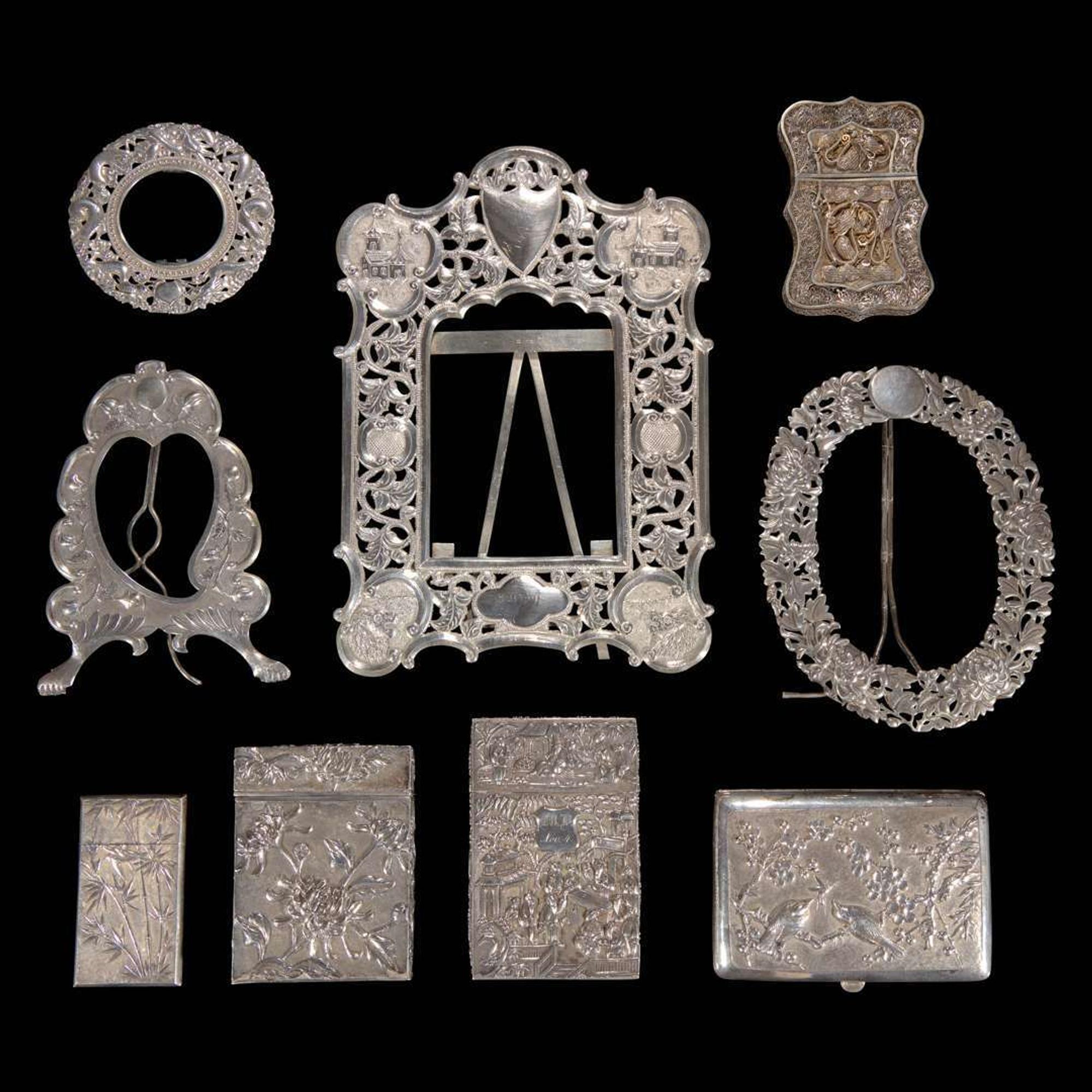 Nine assorted Chinese export silver frames and cases 外銷銀器九件 Second half 19th century to early 20th century ???????????