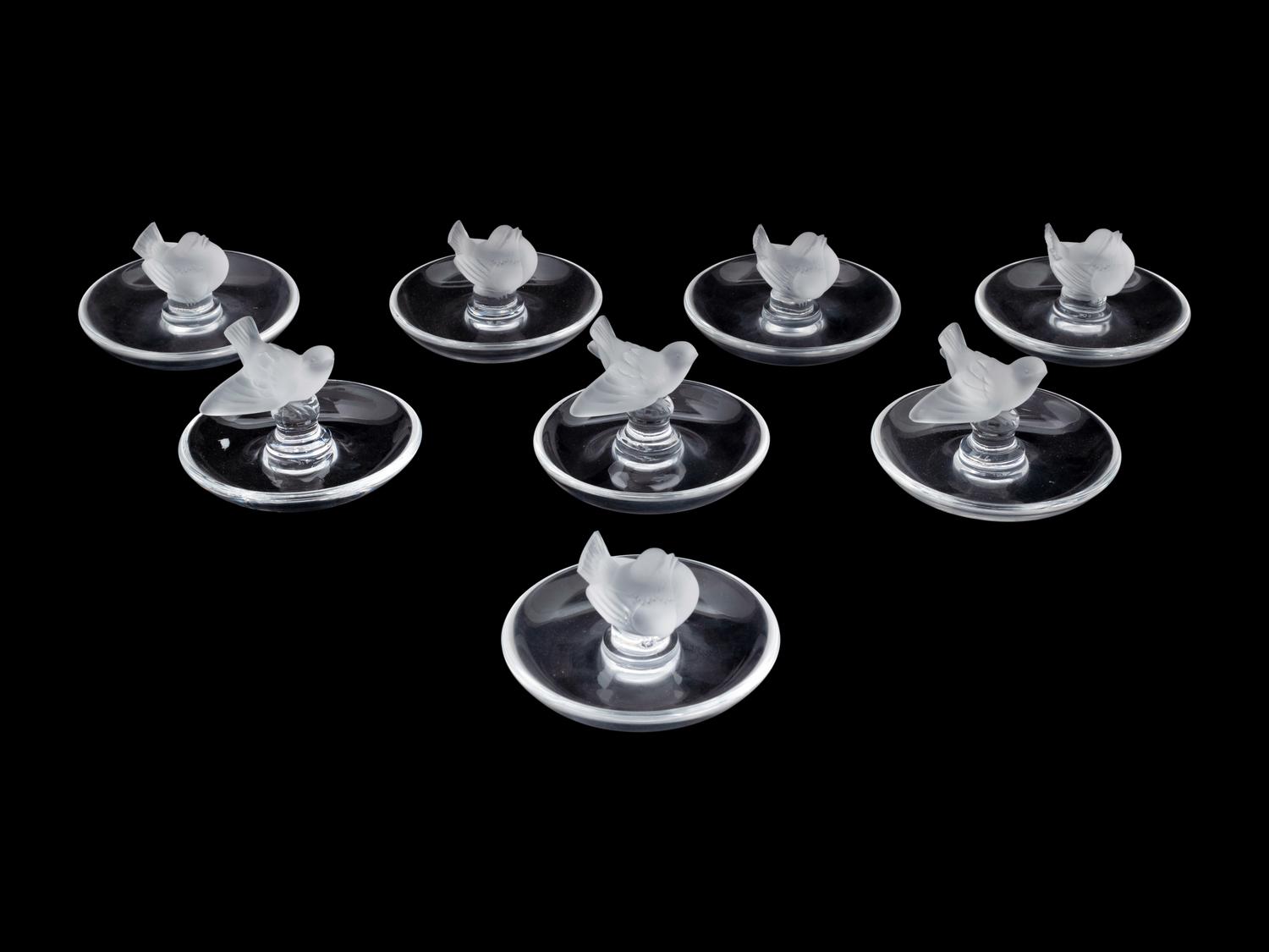 A Group of Eight Lalique Ring Trays with Birds