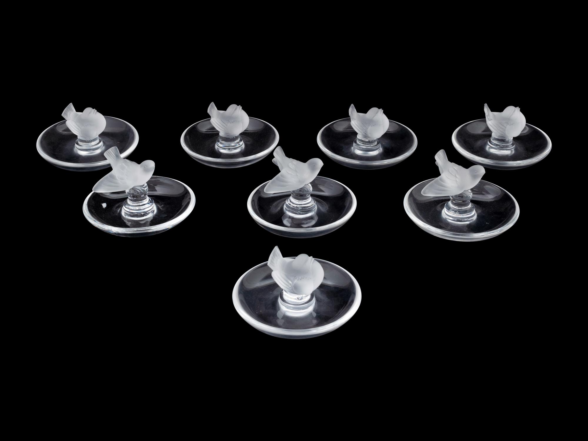 A Group of Eight Lalique Ring Trays with Birds