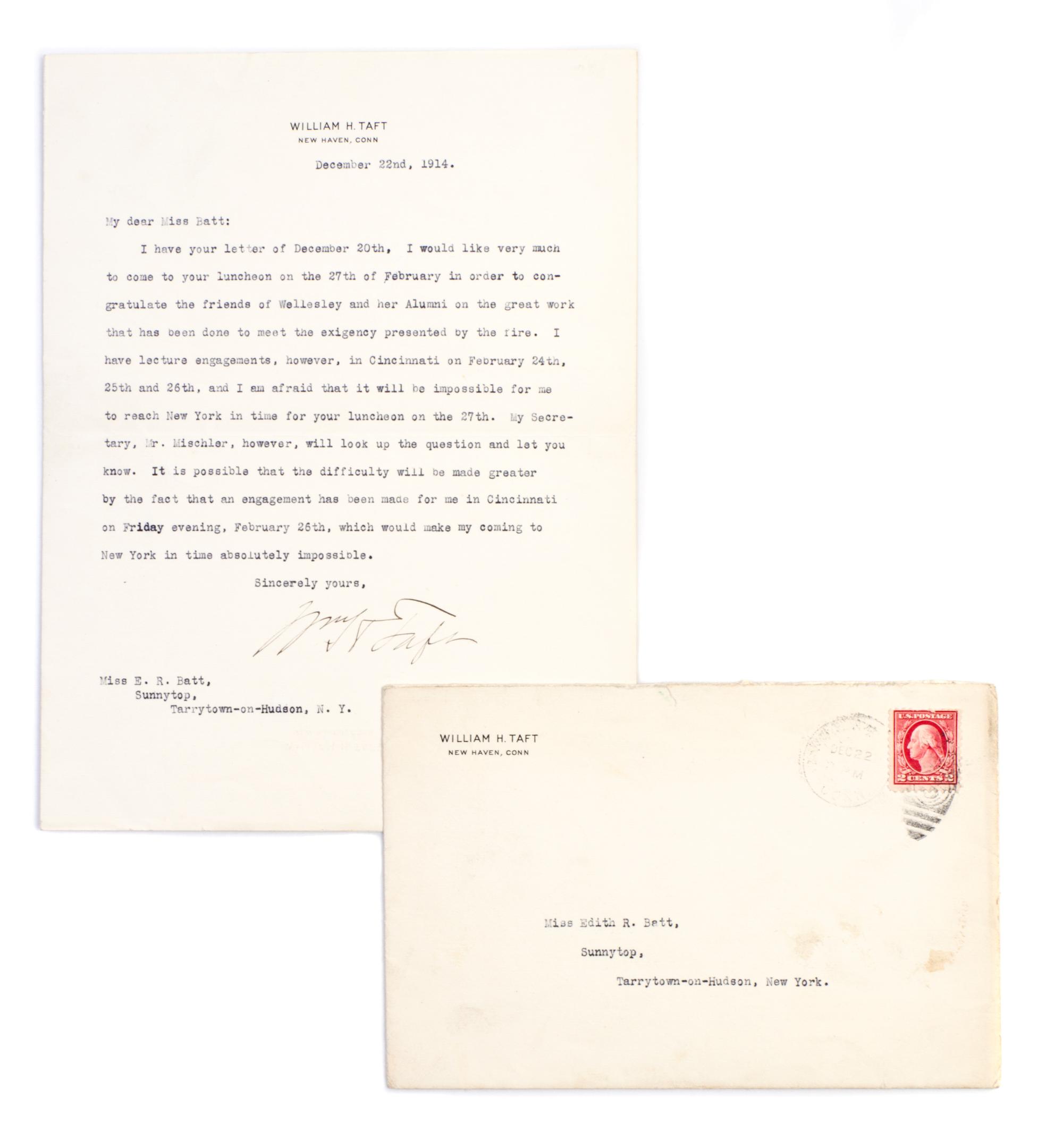 TAFT, WILLIAM H. Typed letter signed (Wm. H. Taft), one page, December 22, 1914.
