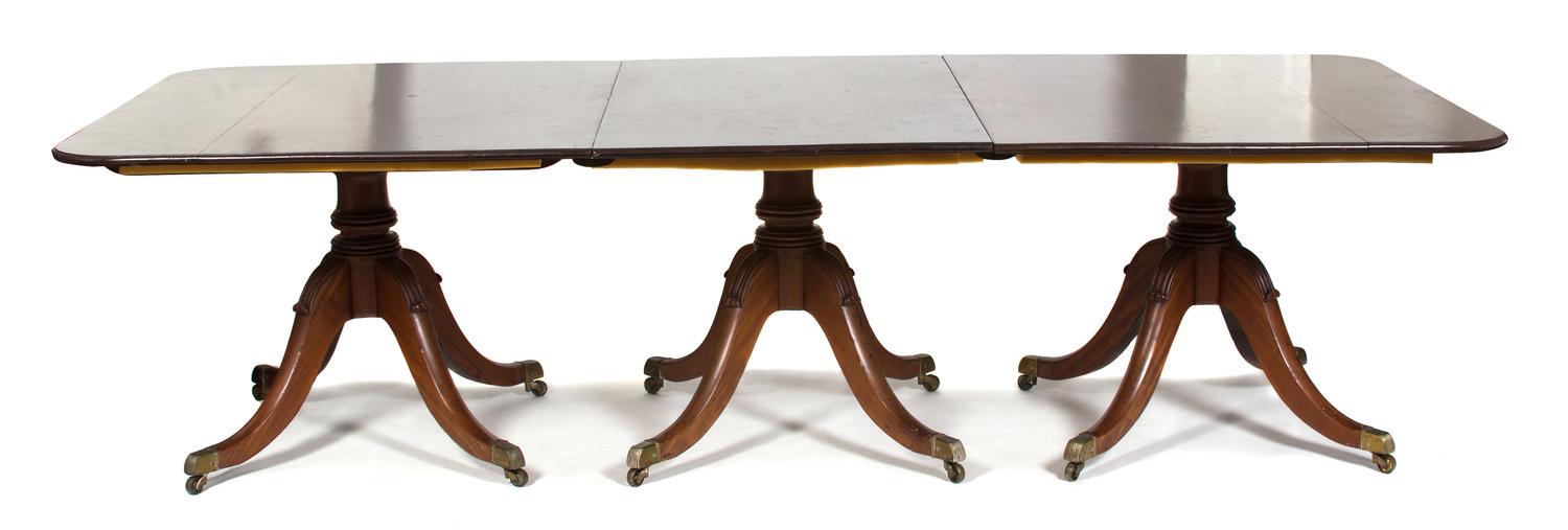 A Regency Style Double Pedestal Dining Table Height 28 x width (open) 107 x depth 48 inches. — LATE 19TH/20TH CENTURY
