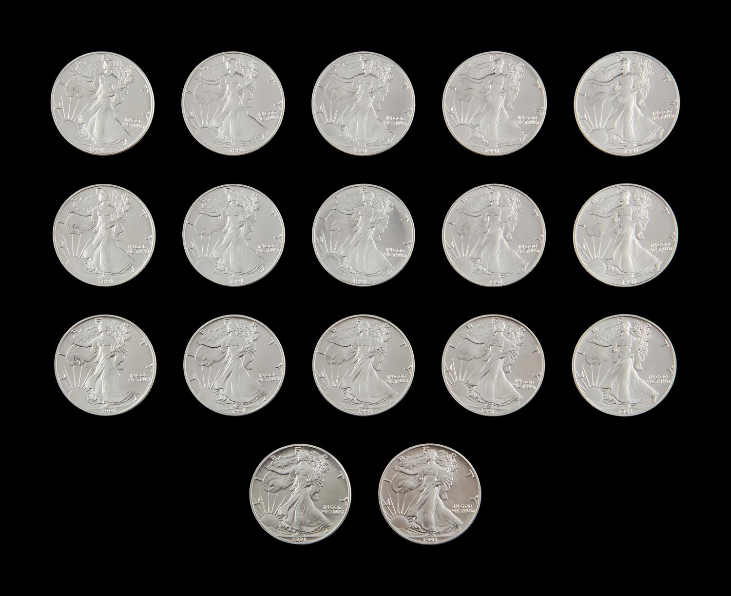 A Group of Seventeen 1991 Silver Eagle $1 Coins