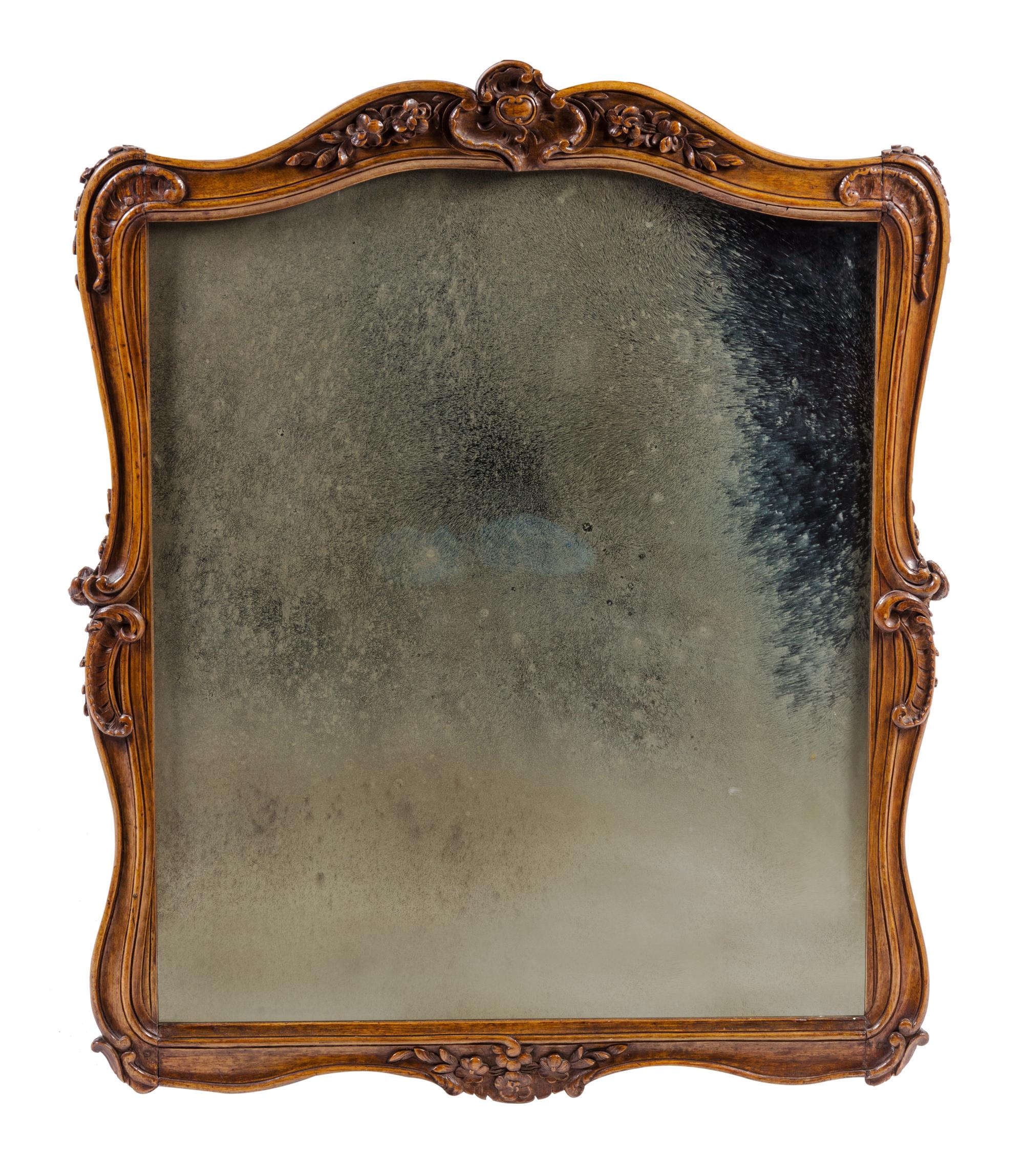 A Pair of Rococo Style Walnut Mirrors Height 37 1/2 x width 29 1/2 inches. — LATE 19TH CENTURY