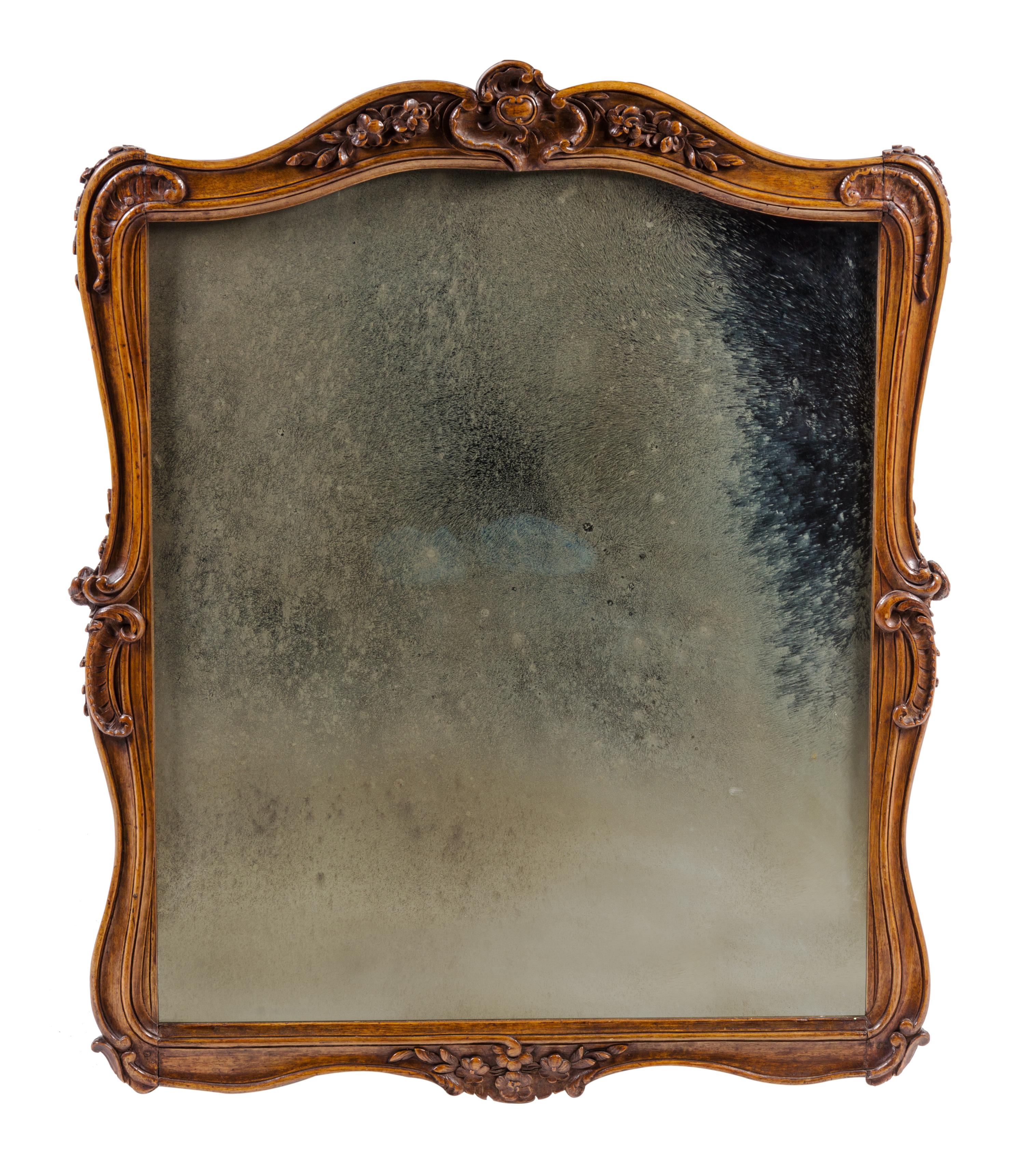 A Pair of Rococo Style Walnut Mirrors Height 37 1/2 x width 29 1/2 inches. — LATE 19TH CENTURY
