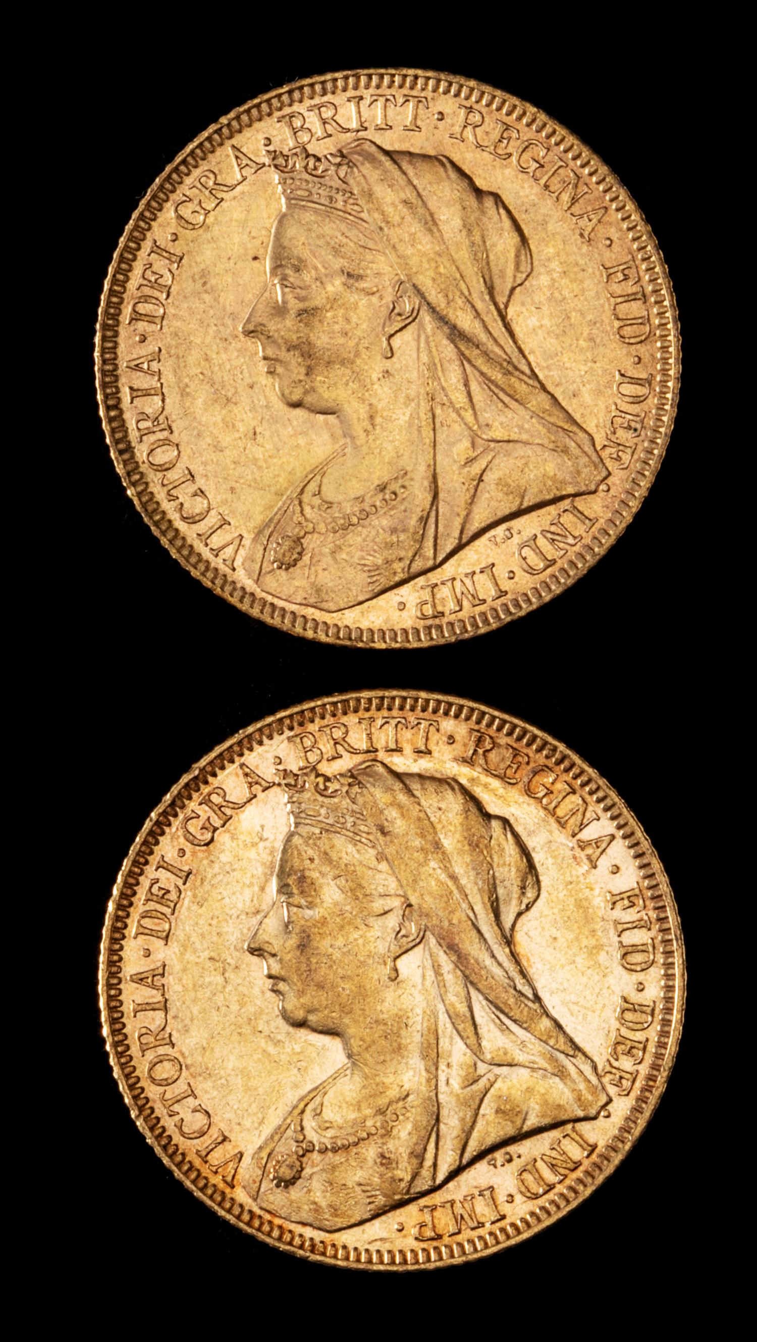 Two United Kingdom 1893 Sovereign: Veiled Head-London Mint Gold Coin