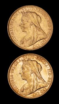 Two United Kingdom 1893 Sovereign: Veiled Head-London Mint Gold Coin
