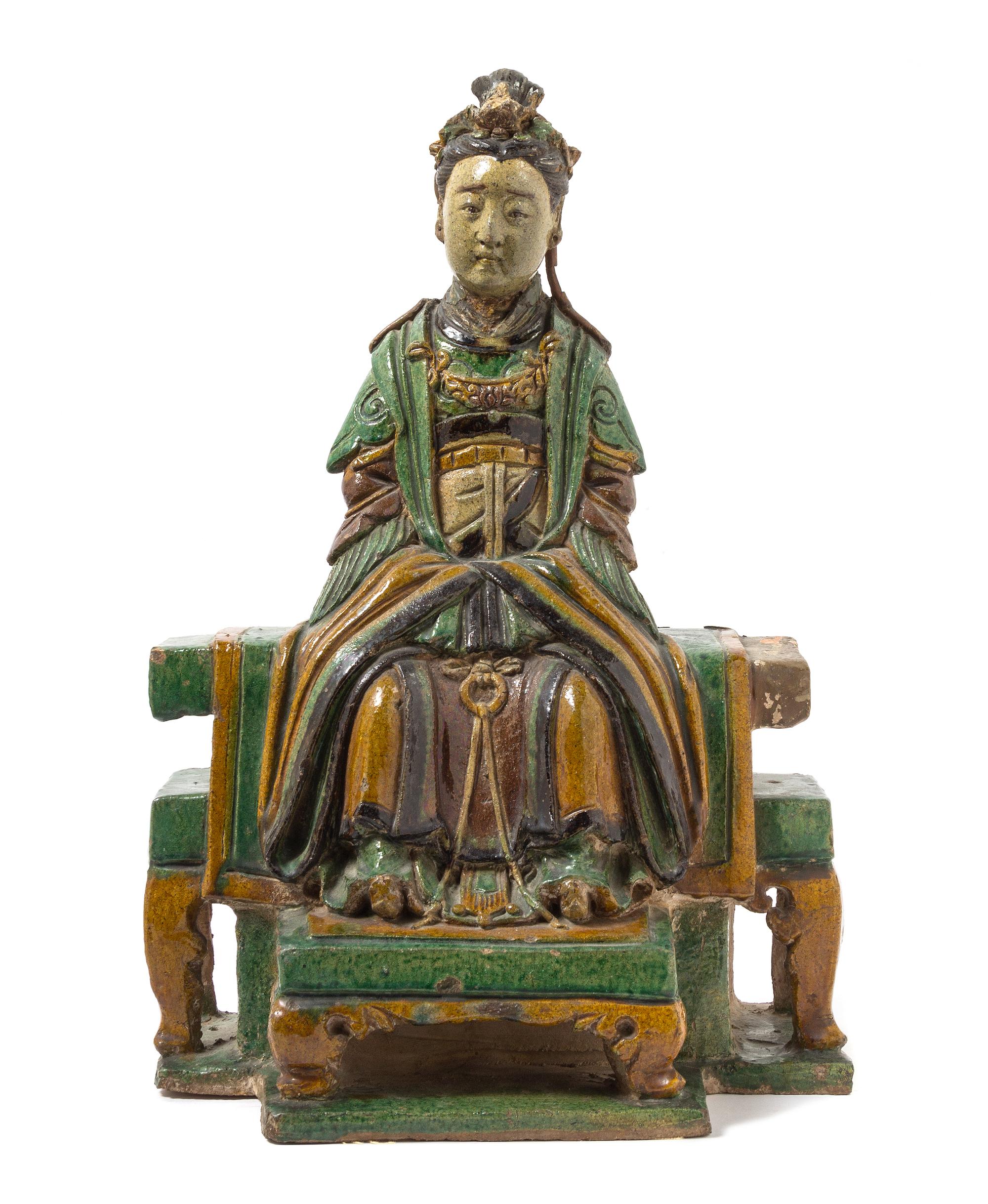 A Large Chinese Sancai Glazed Stoneware Figure MING DYNASTY Height 21 3/4 inches. — MING DYNASTY