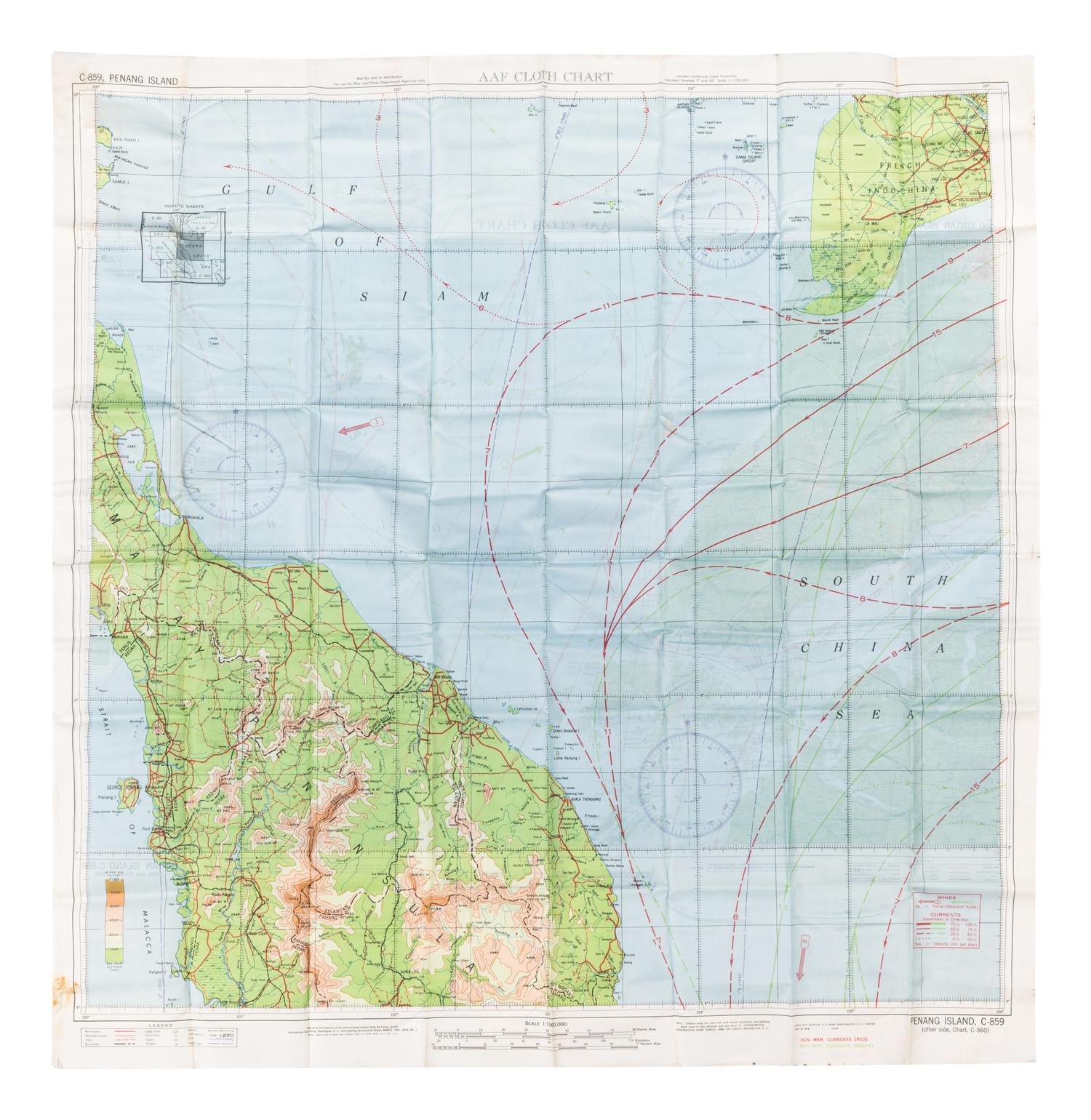 [ARMY AIR FORCE]. A group of World War II escape charts, all printed in Washington, D. C. on synthetic silk cloth, comprising: