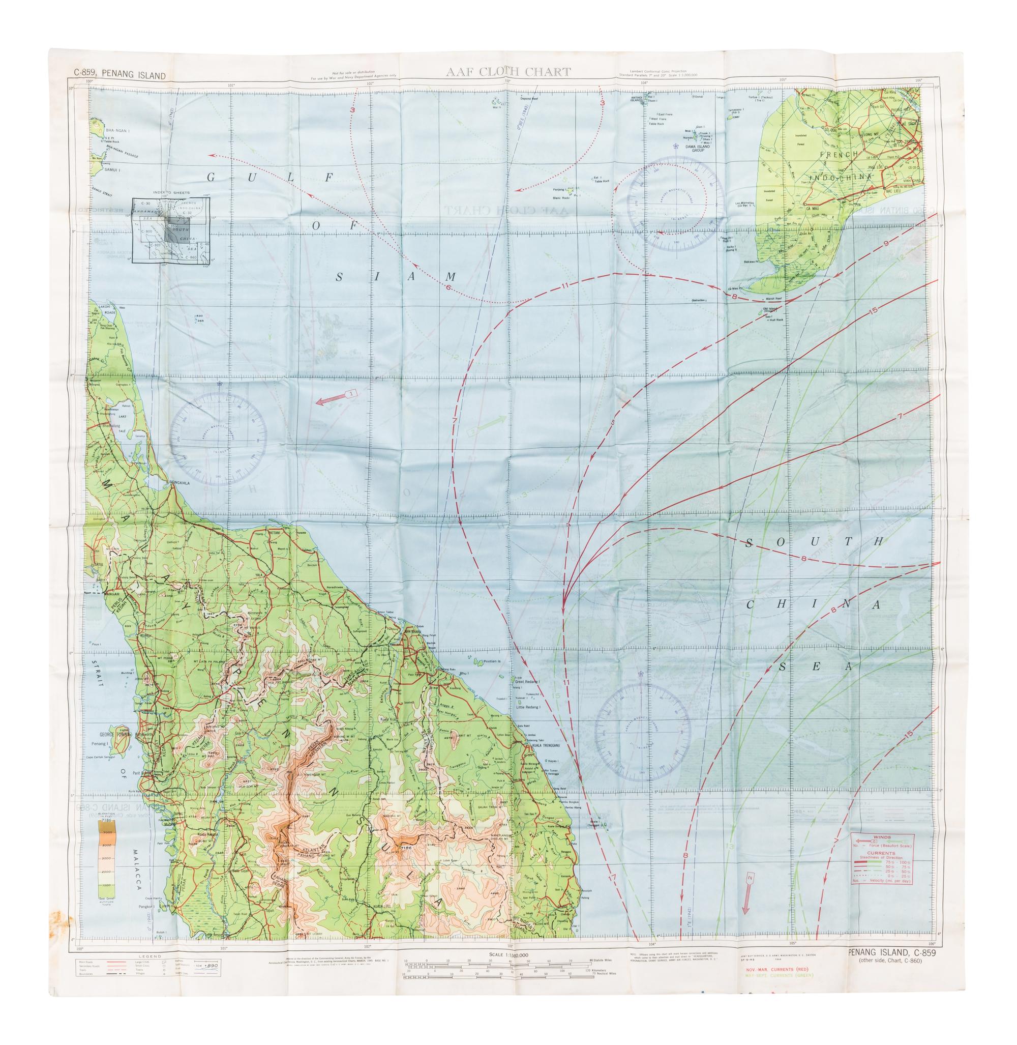[ARMY AIR FORCE]. A group of World War II escape charts, all printed in Washington, D. C. on synthetic silk cloth, comprising: