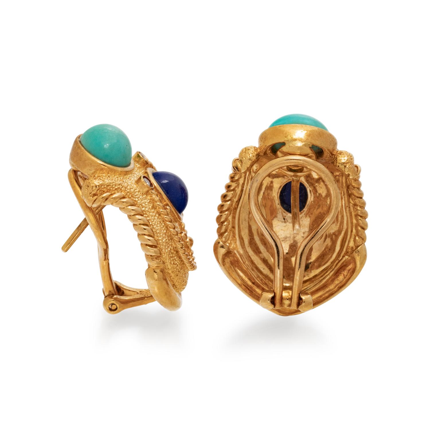 YELLOW GOLD, TURQUOISE, LAPIS LAZULI AND DIAMOND EARRINGS