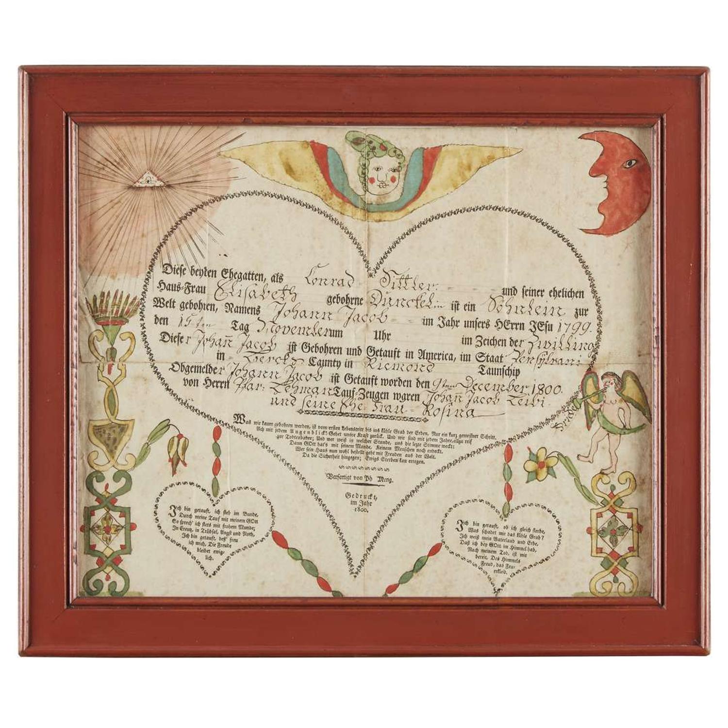 Attributed to Johann Jacob Friederich Krebs (1749-1815) Fraktur: birth and baptismal record for Johann Jacob of Richmond, Berks County, PA, dated "1800"