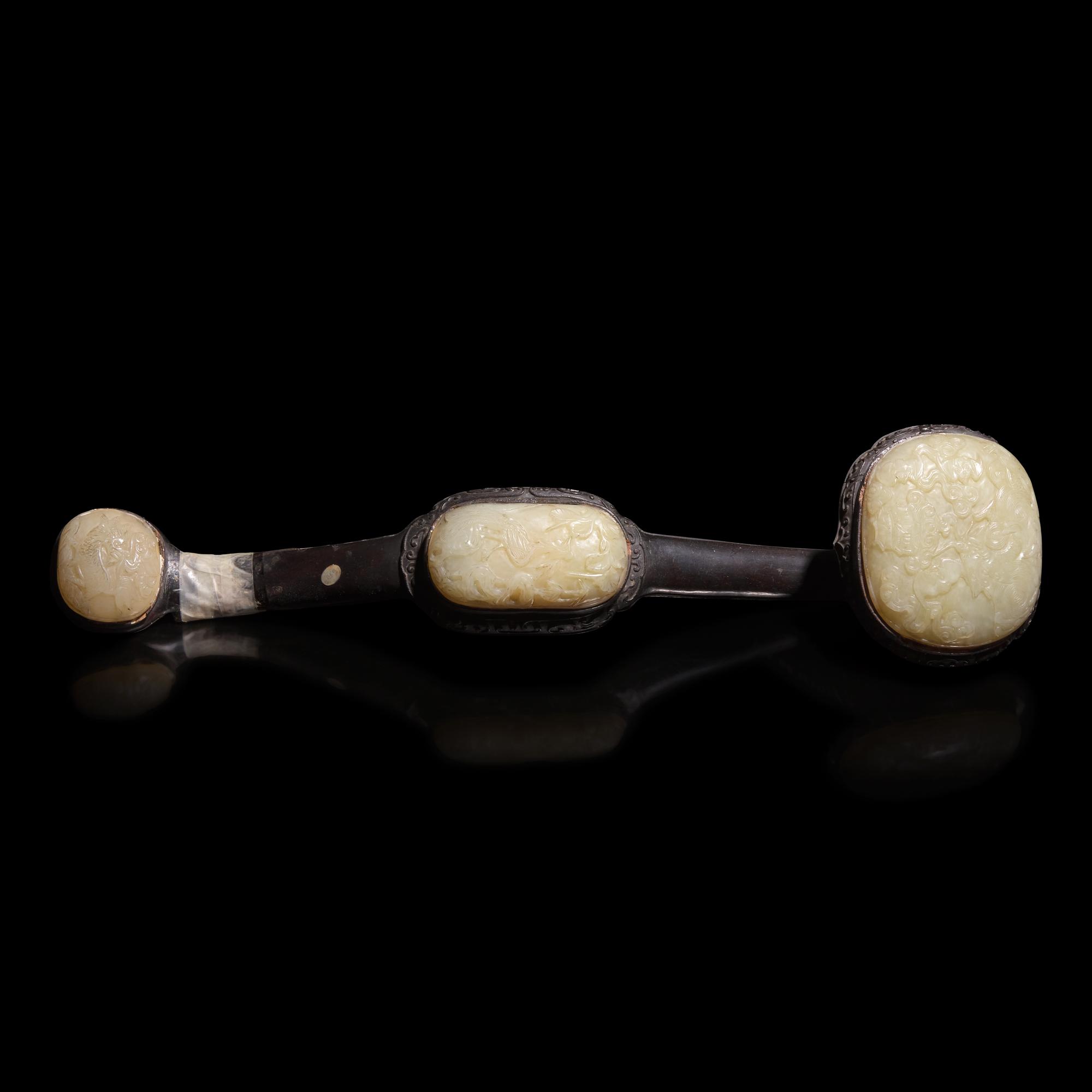 A Chinese Jade Inset Hardwood Ruyi Scepter, Late 19th-20th Century — 晚清-民國 白玉三鑲硬木如意