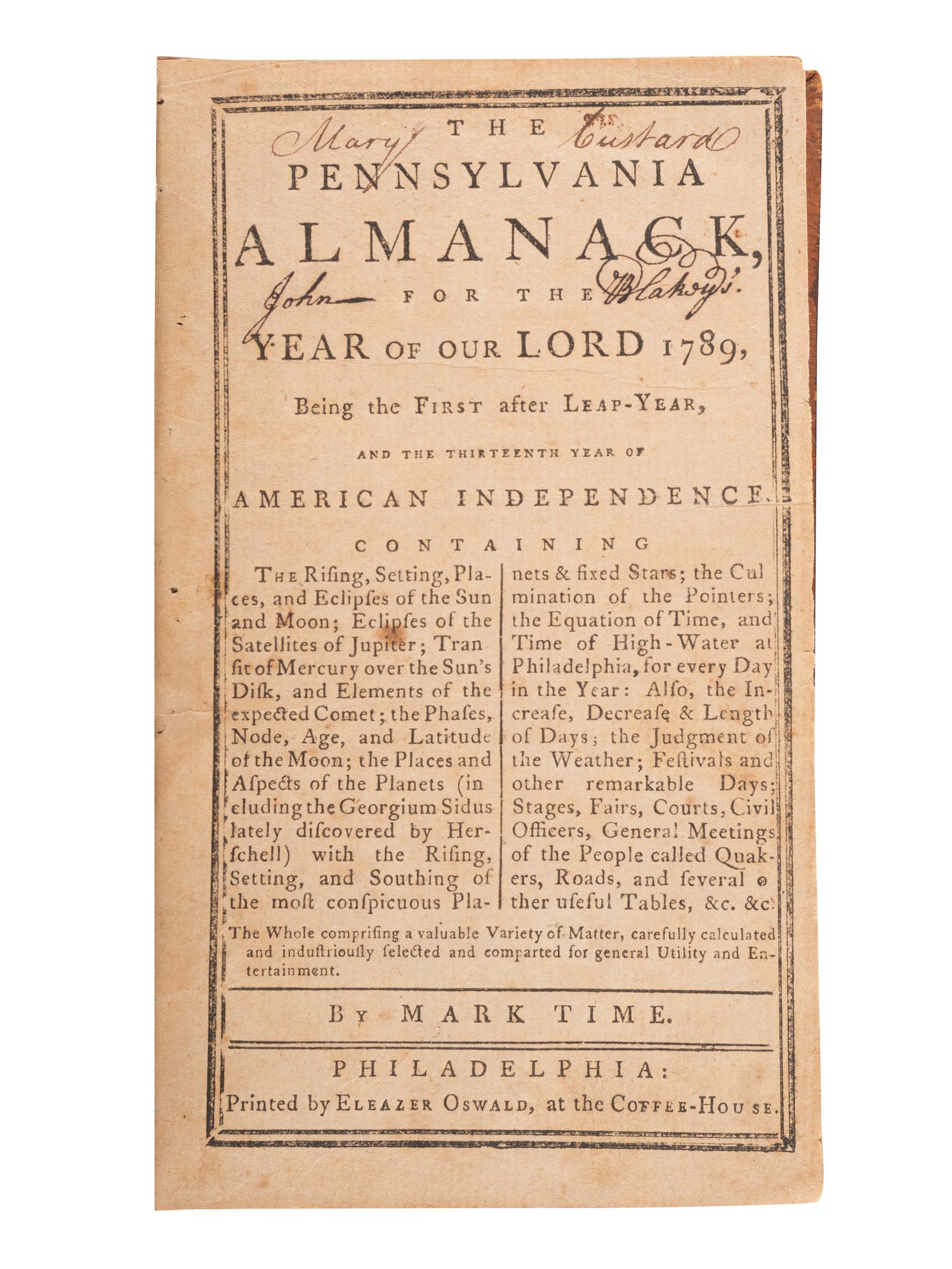 [ALMANACS]. A sammelband of 18th century American almanacs, including The Pennsylvania Alamanack, Poor Will's Almanack, Poulson's Town and Country Almanac, and Poor Richard Improved. 1789-1800.