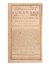 [ALMANACS]. A sammelband of 18th century American almanacs, including The Pennsylvania Alamanack, Poor Will's Almanack, Poulson's Town and Country Almanac, and Poor Richard Improved. 1789-1800.