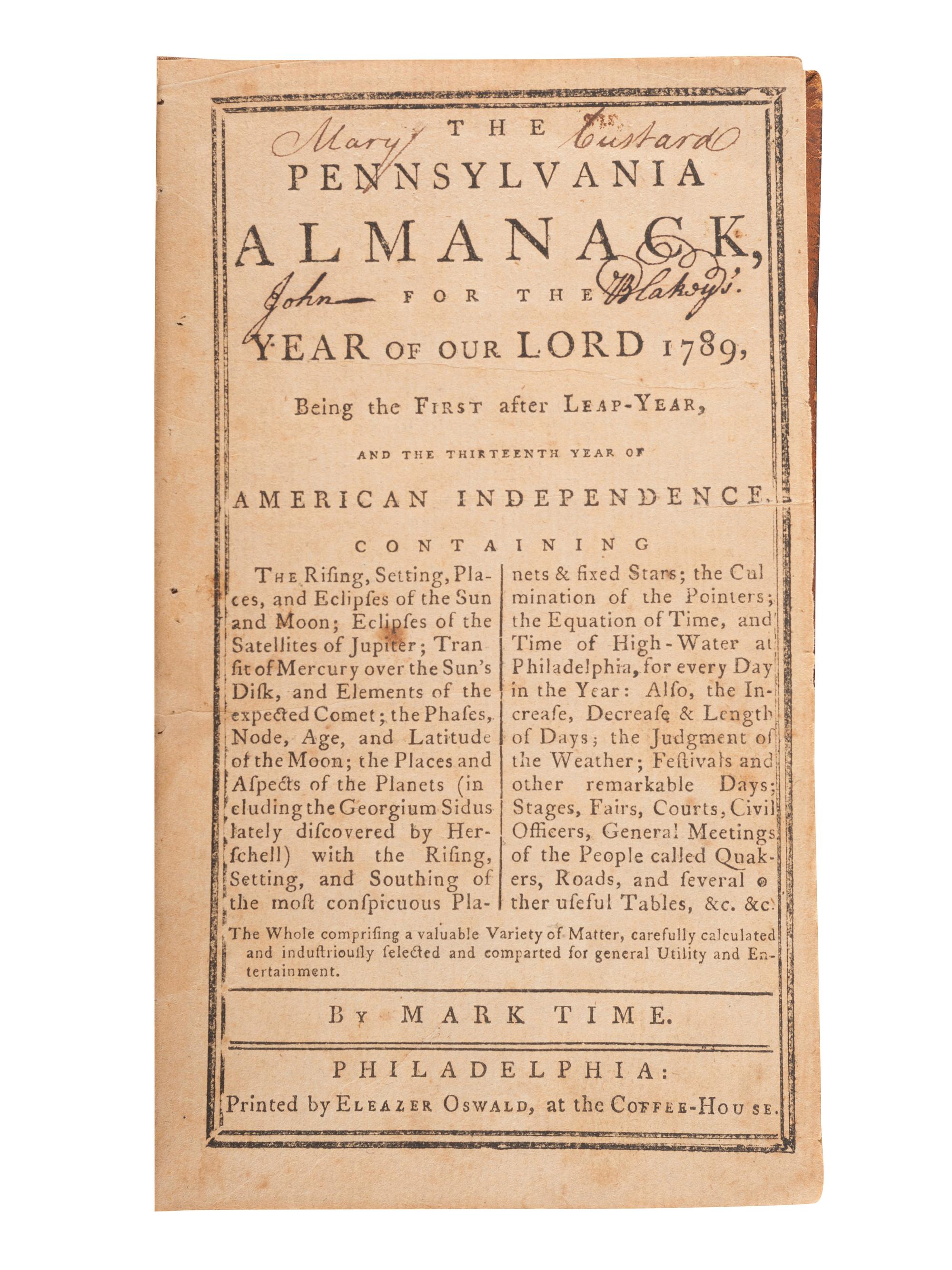[ALMANACS]. A sammelband of 18th century American almanacs, including The Pennsylvania Alamanack, Poor Will's Almanack, Poulson's Town and Country Almanac, and Poor Richard Improved. 1789-1800.