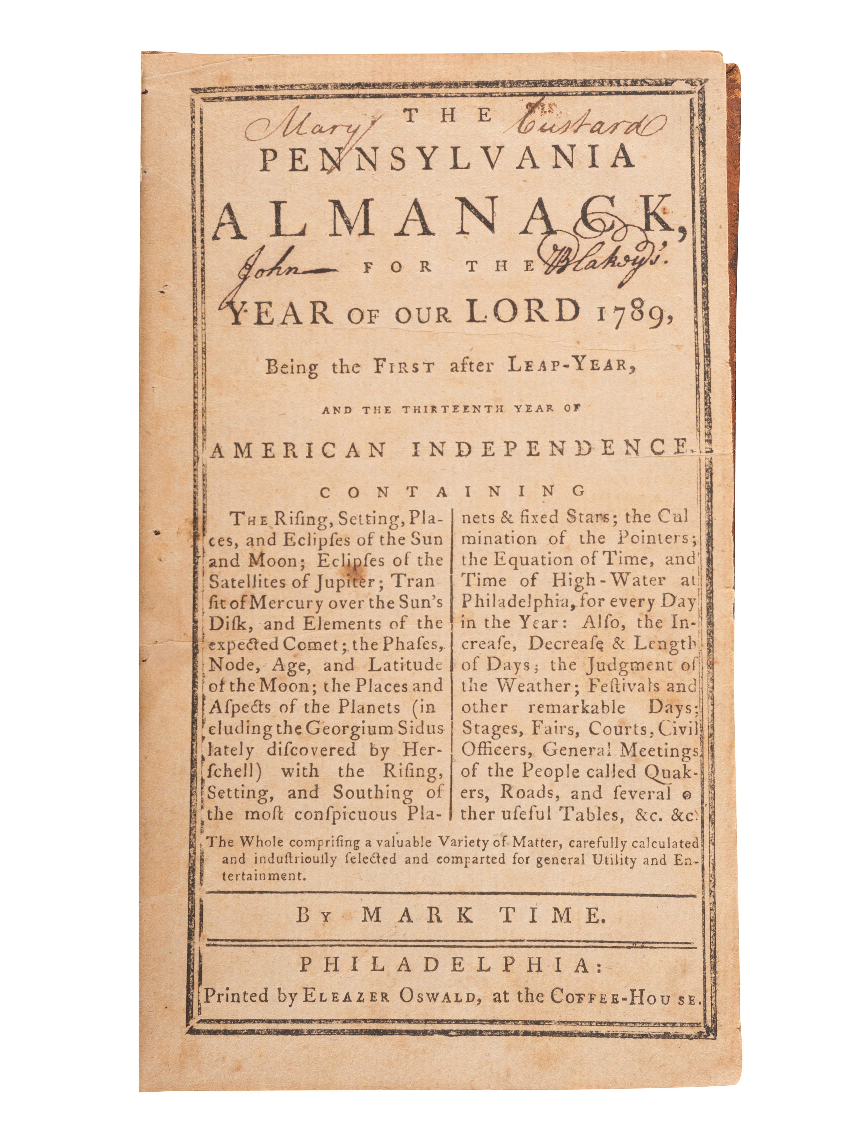 [ALMANACS]. A sammelband of 18th century American almanacs, including The Pennsylvania Alamanack, Poor Will's Almanack, Poulson's Town and Country Almanac, and Poor Richard Improved. 1789-1800.
