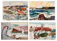 Four works: Sweden, 1951; Beach Scene; Rockport; and Harbor Scene