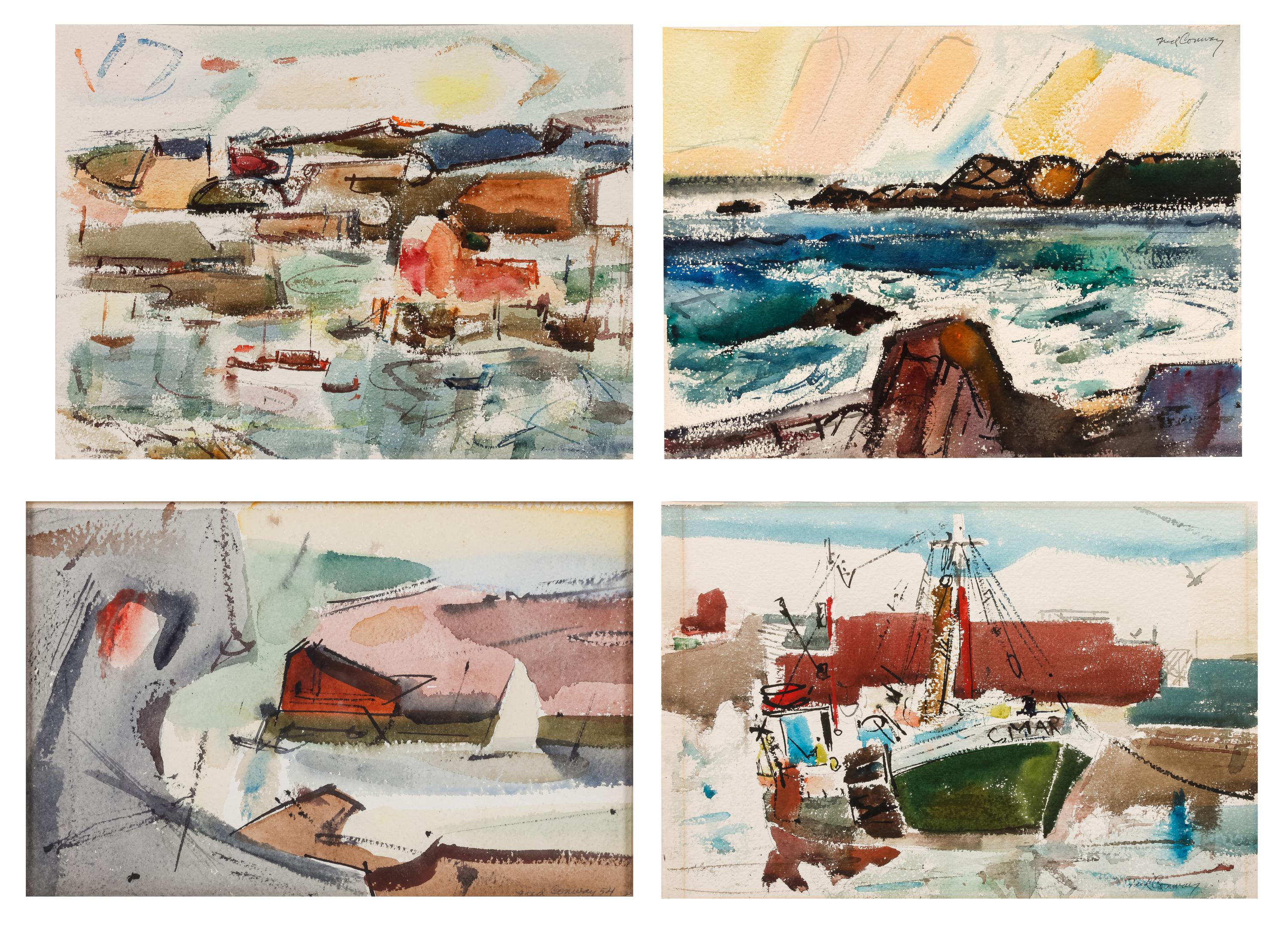 Four works: Sweden, 1951; Beach Scene; Rockport; and Harbor Scene