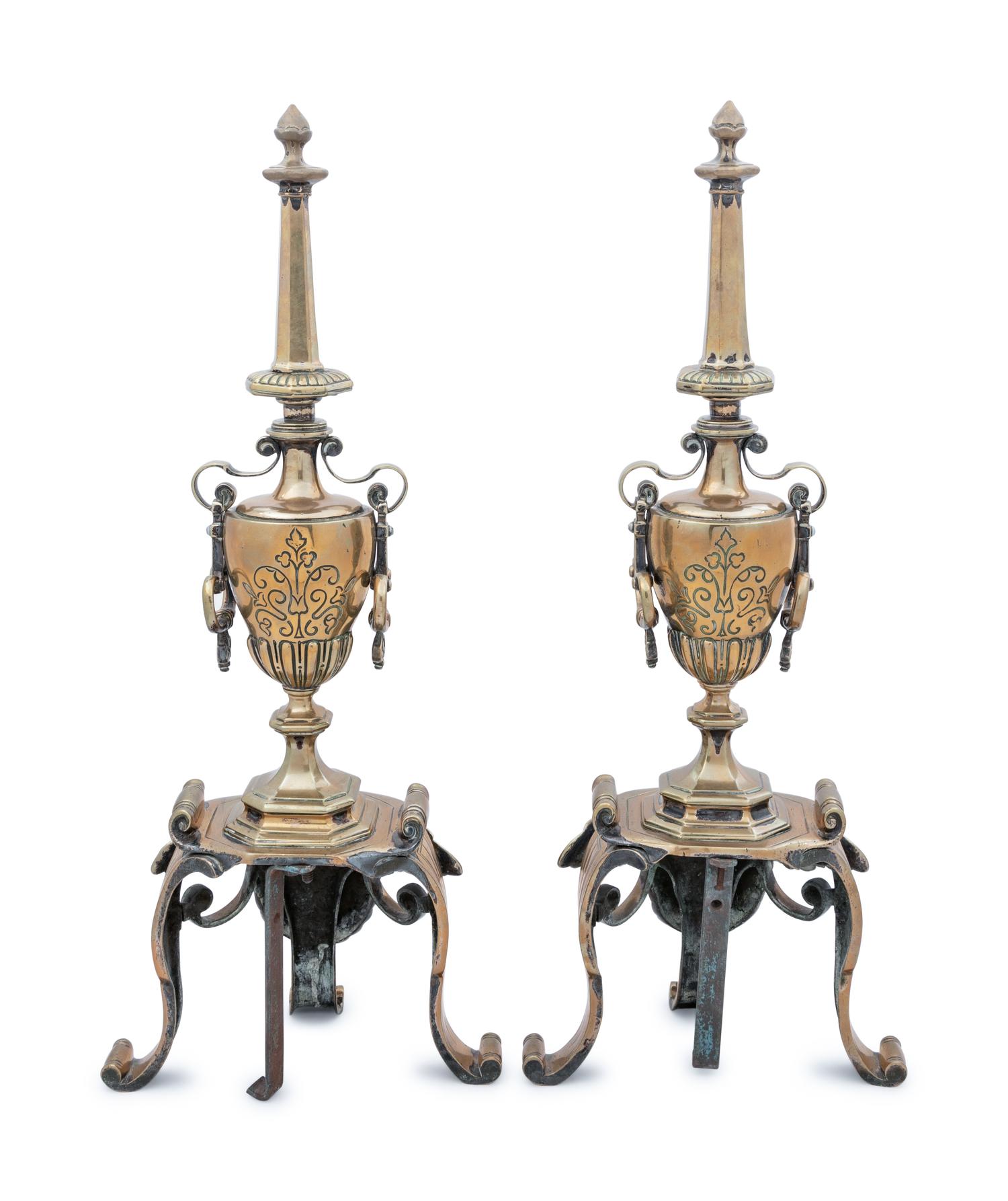 A Pair of Neoclassical Style Brass Andirons