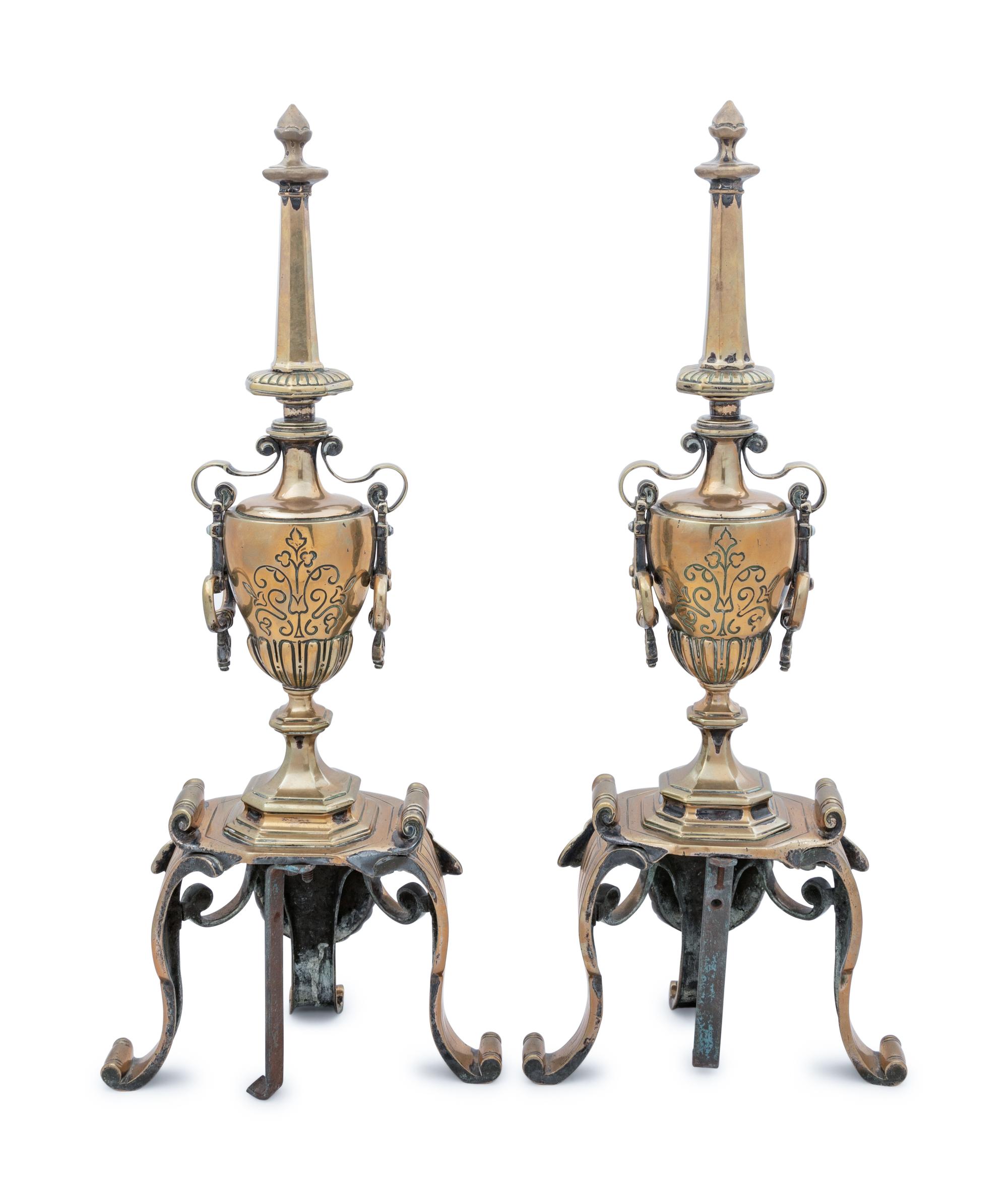A Pair of Neoclassical Style Brass Andirons