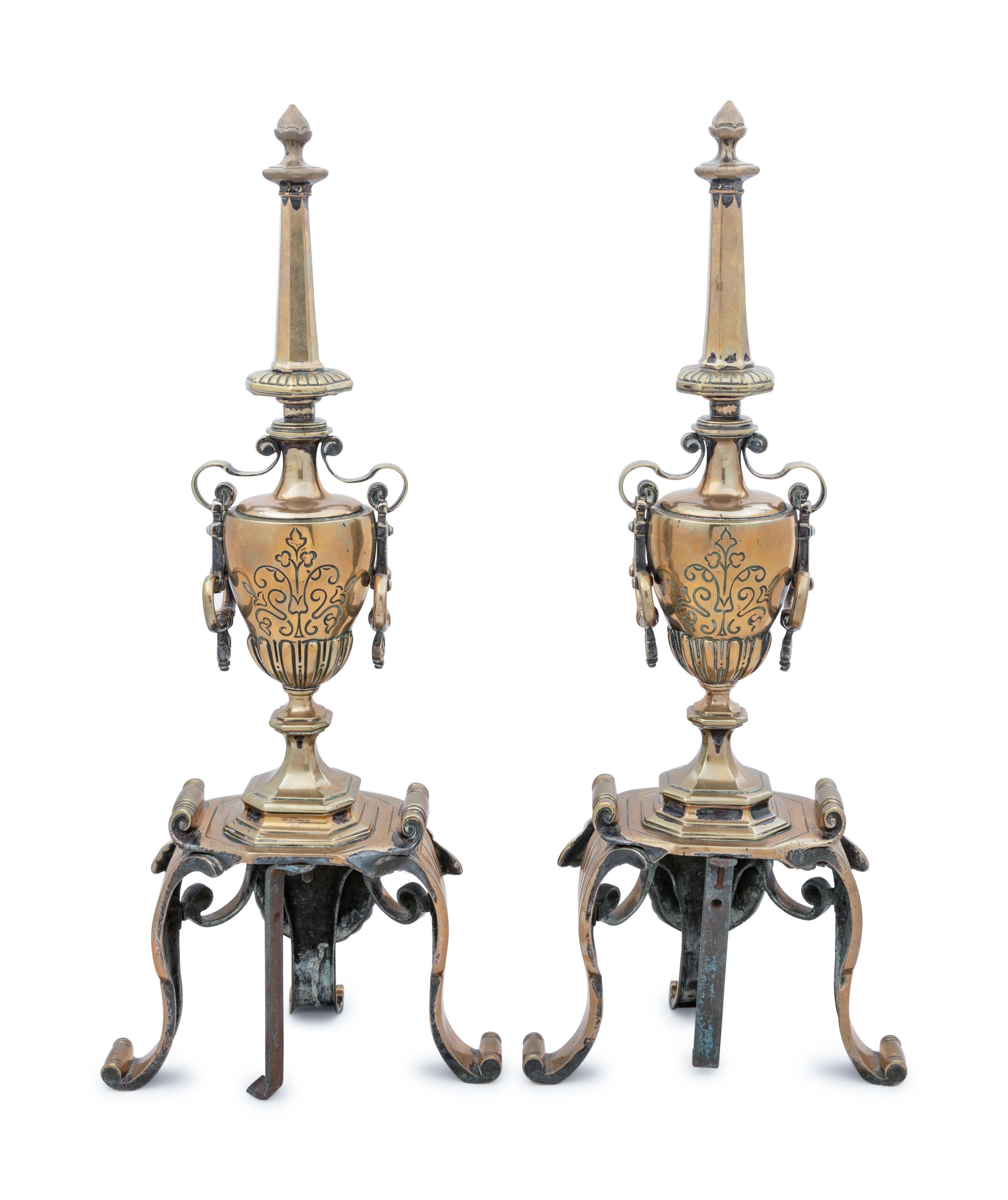 A Pair of Neoclassical Style Brass Andirons
