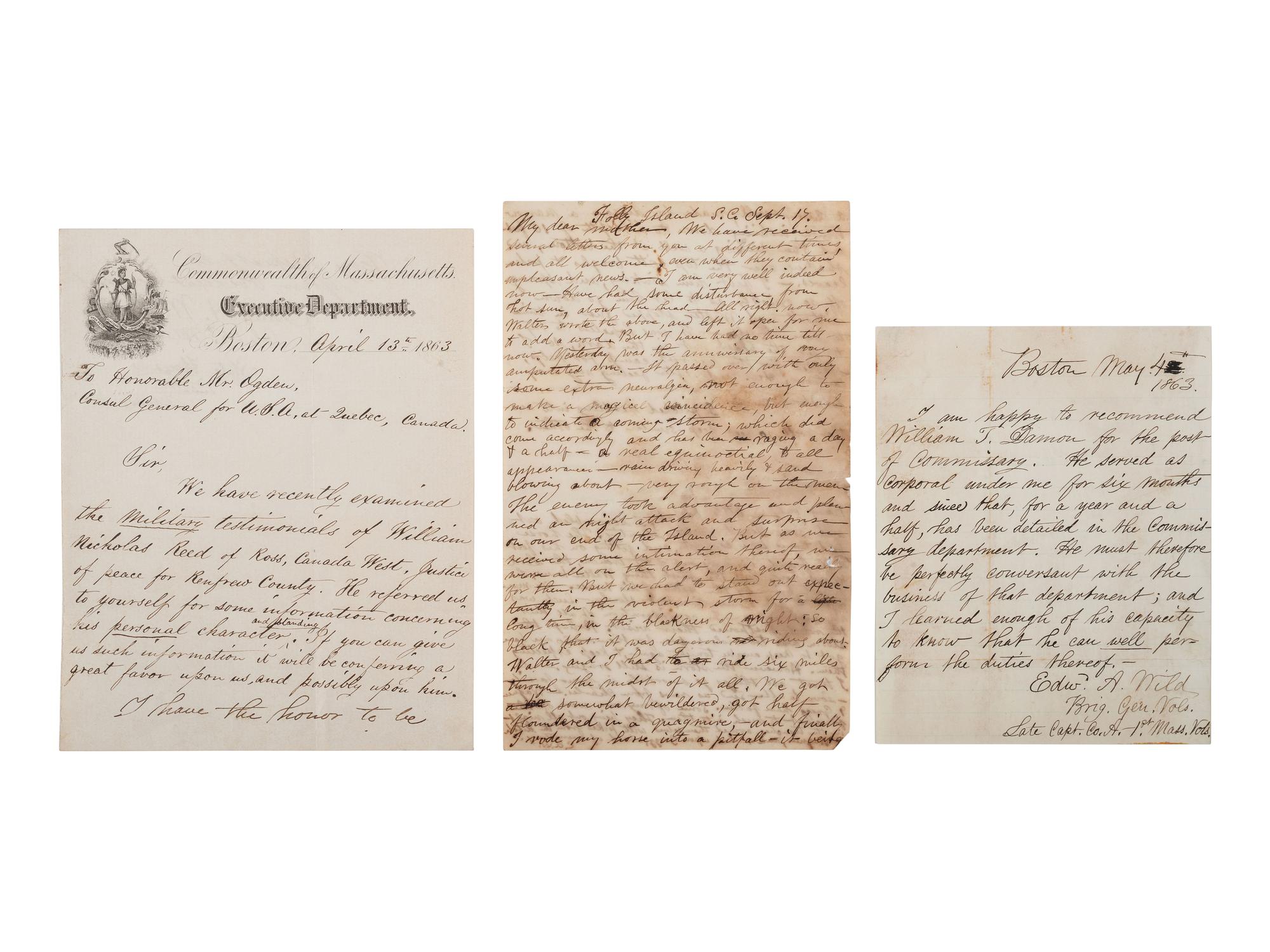 [CIVIL WAR]. WILD, Edward Augustus (1825-1891). Collection of items related to abolitionist, recruiter, and commander of "Wild's African Brigade," incl. wartime CDV and letter referencing the attack on Fort Wagner.
