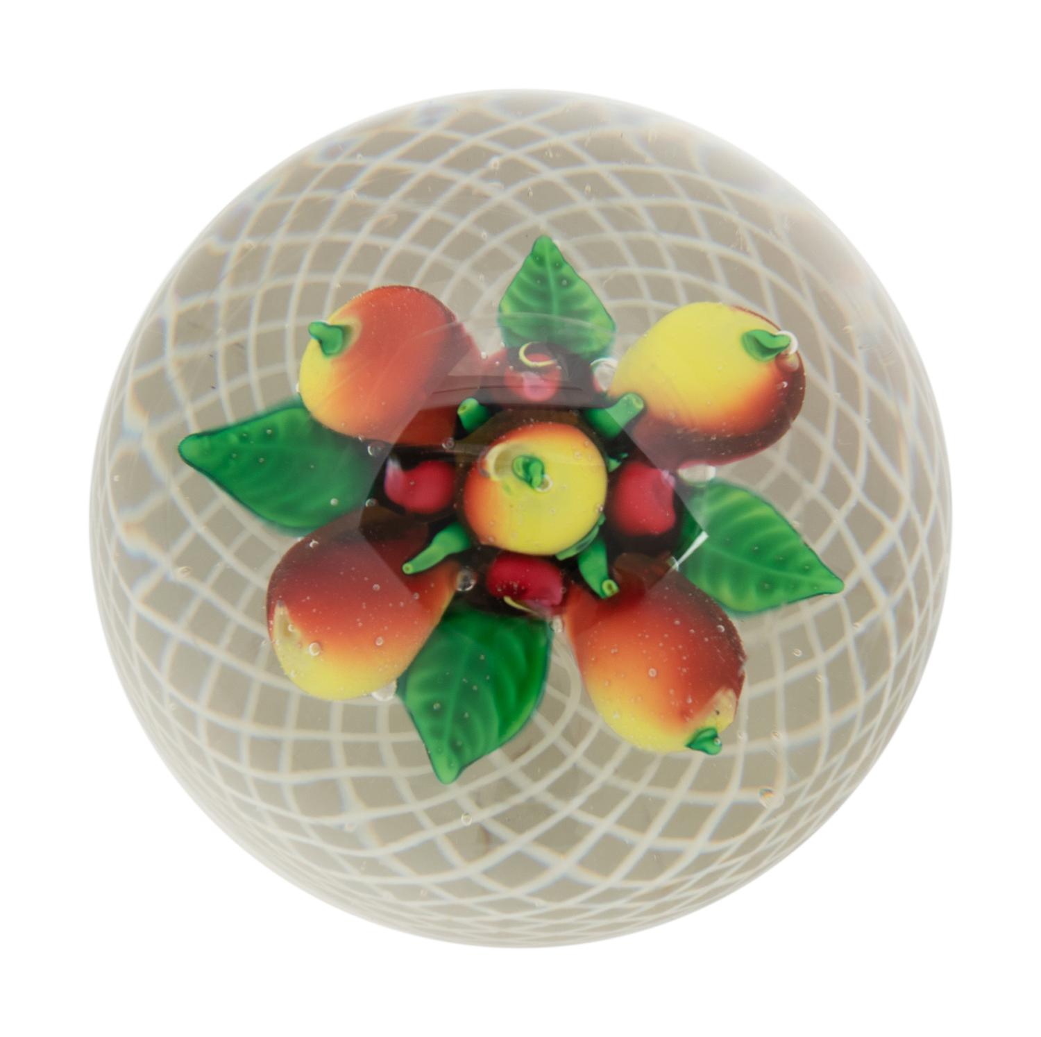 A Fruit Over Latticino Basket Glass Paperweight