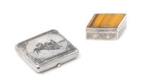 A Russian Niello Silver Cigarette Case, Mark of Alexander Yegarov, Assay of Lev Oleks, Moscow, 1895, the lid worked to show a man drivi