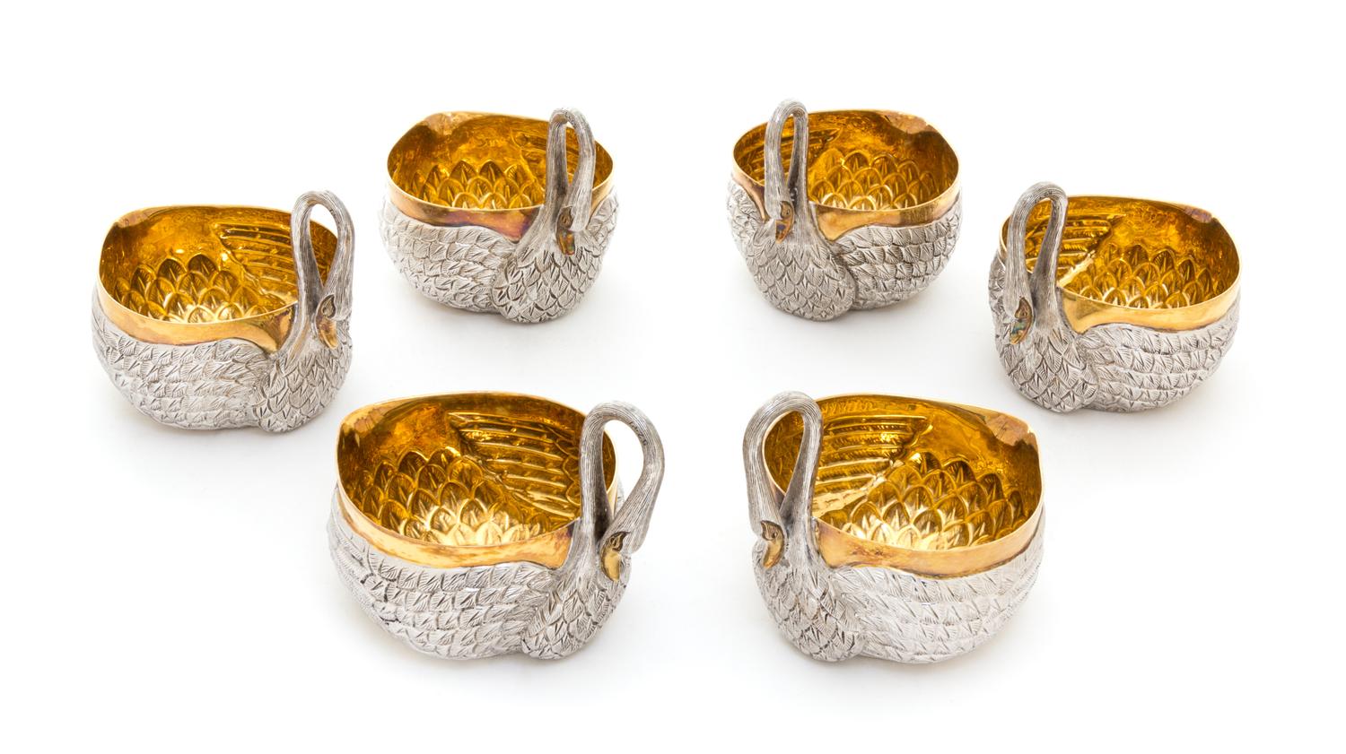 Six Mexican Silver Punch Cups, Tane Orfebres, Mexico City, each in the form of a swan with gilt interiors, marked "Made in Mexico."