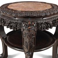 A Pair of Chinese Carved Hardwood and Marble-Top Low Tables