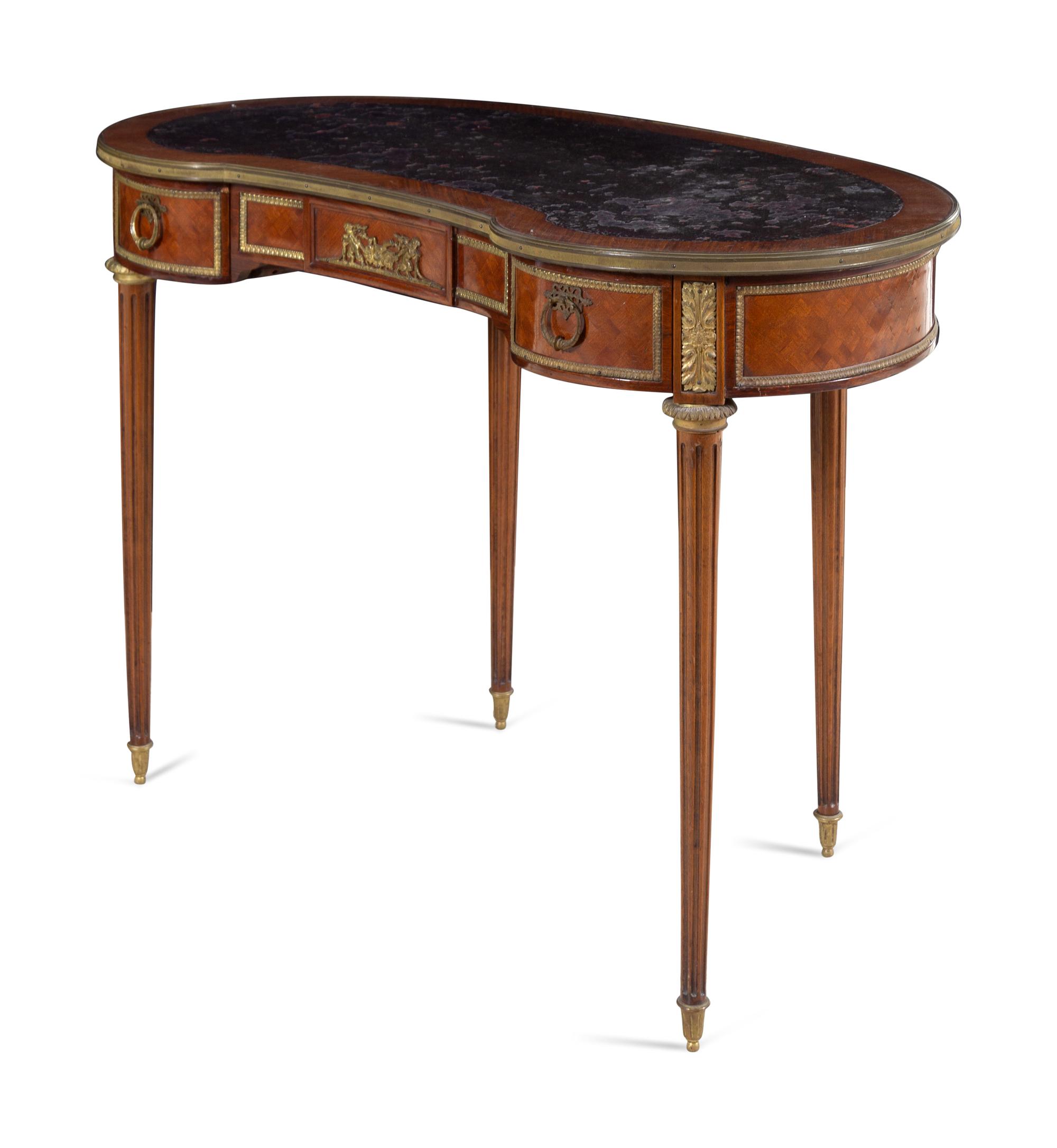A Louis XVI Style Gilt Bronze Mounted Parquetry Bureau Plat
