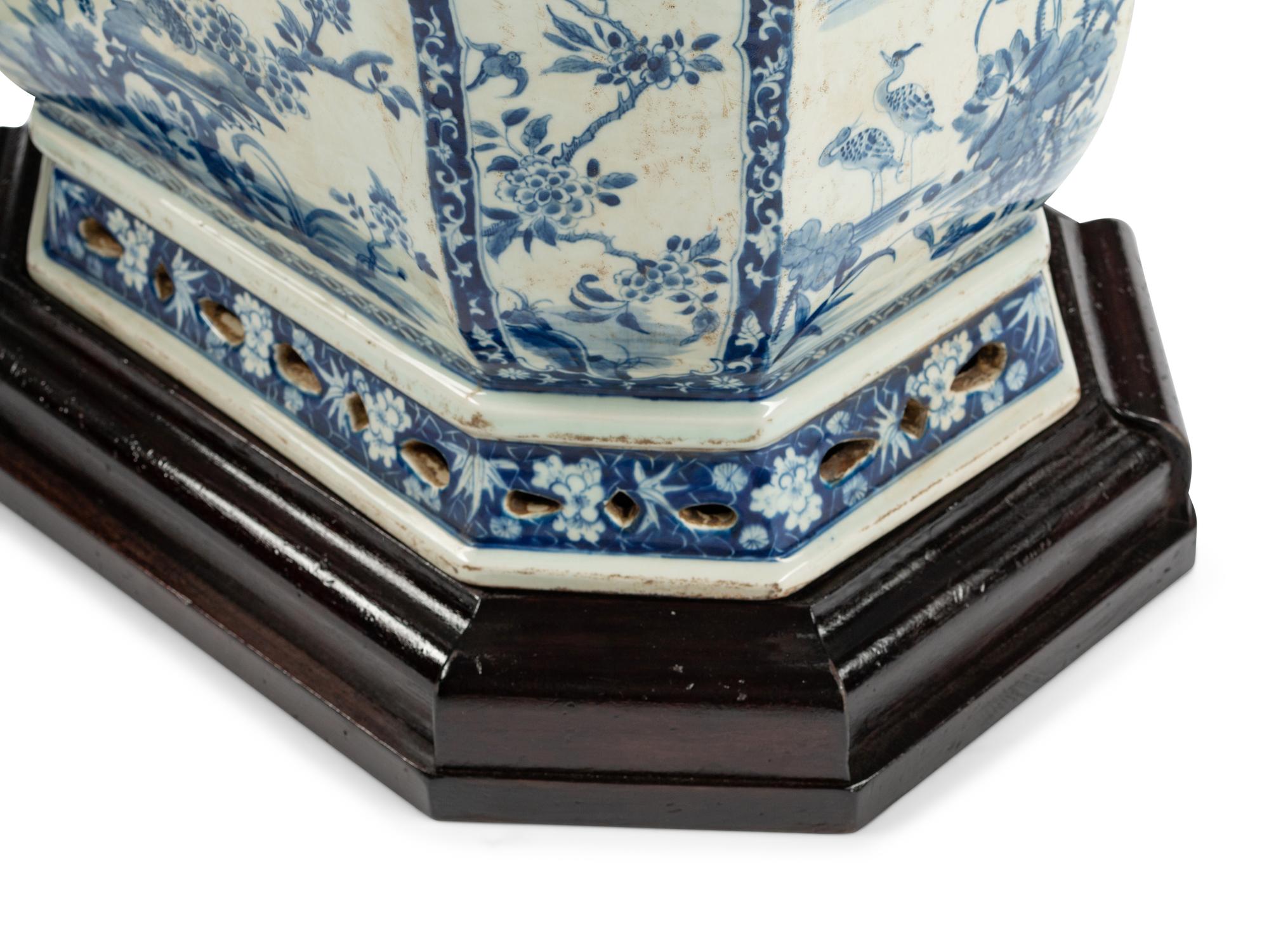 A Pair of Large Chinese Export Blue and White Porcelain Jardinières with Wood Bases