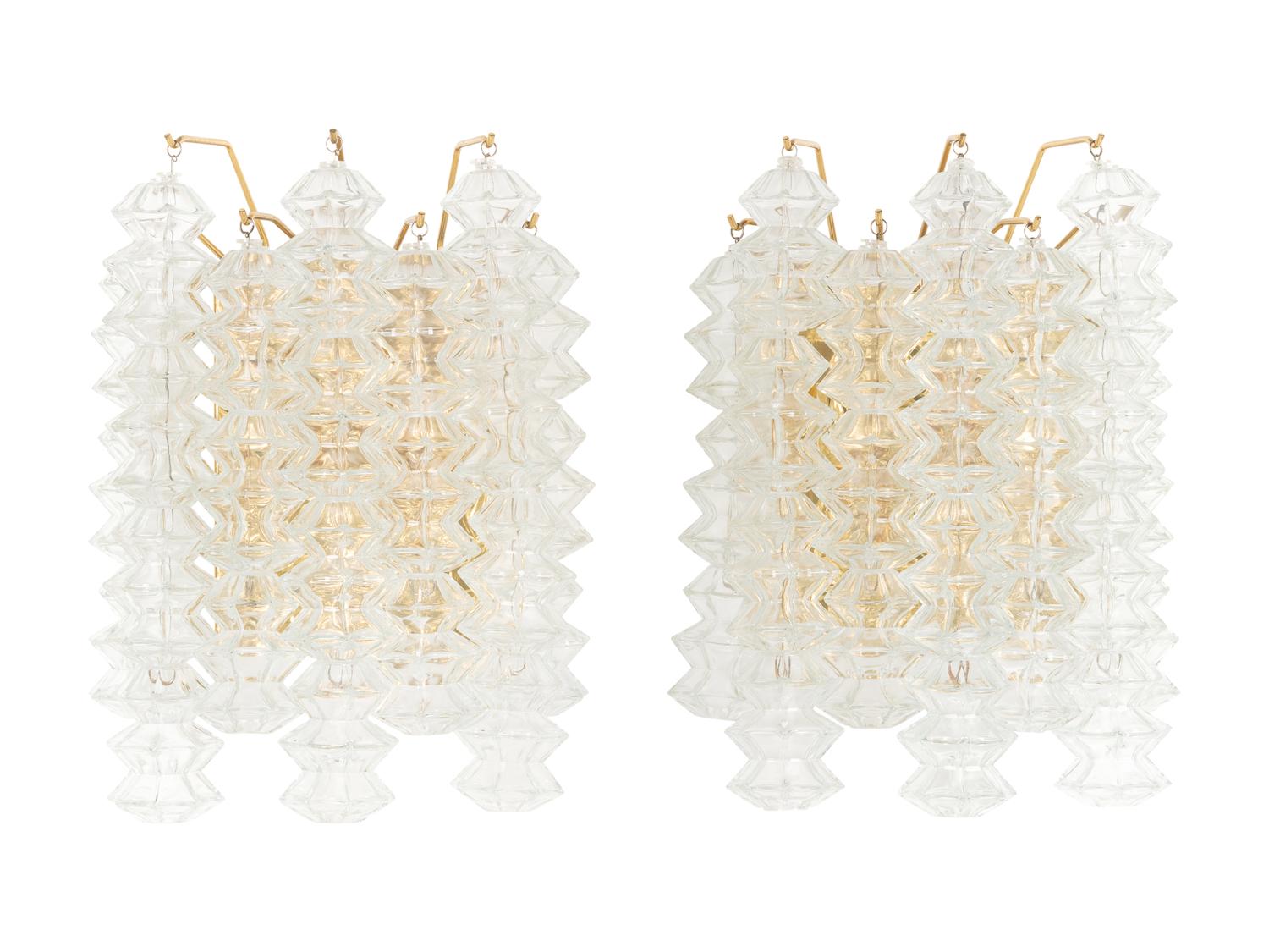 A Pair of Brass and Glass Three-Light Sconces by Kalmar Franken