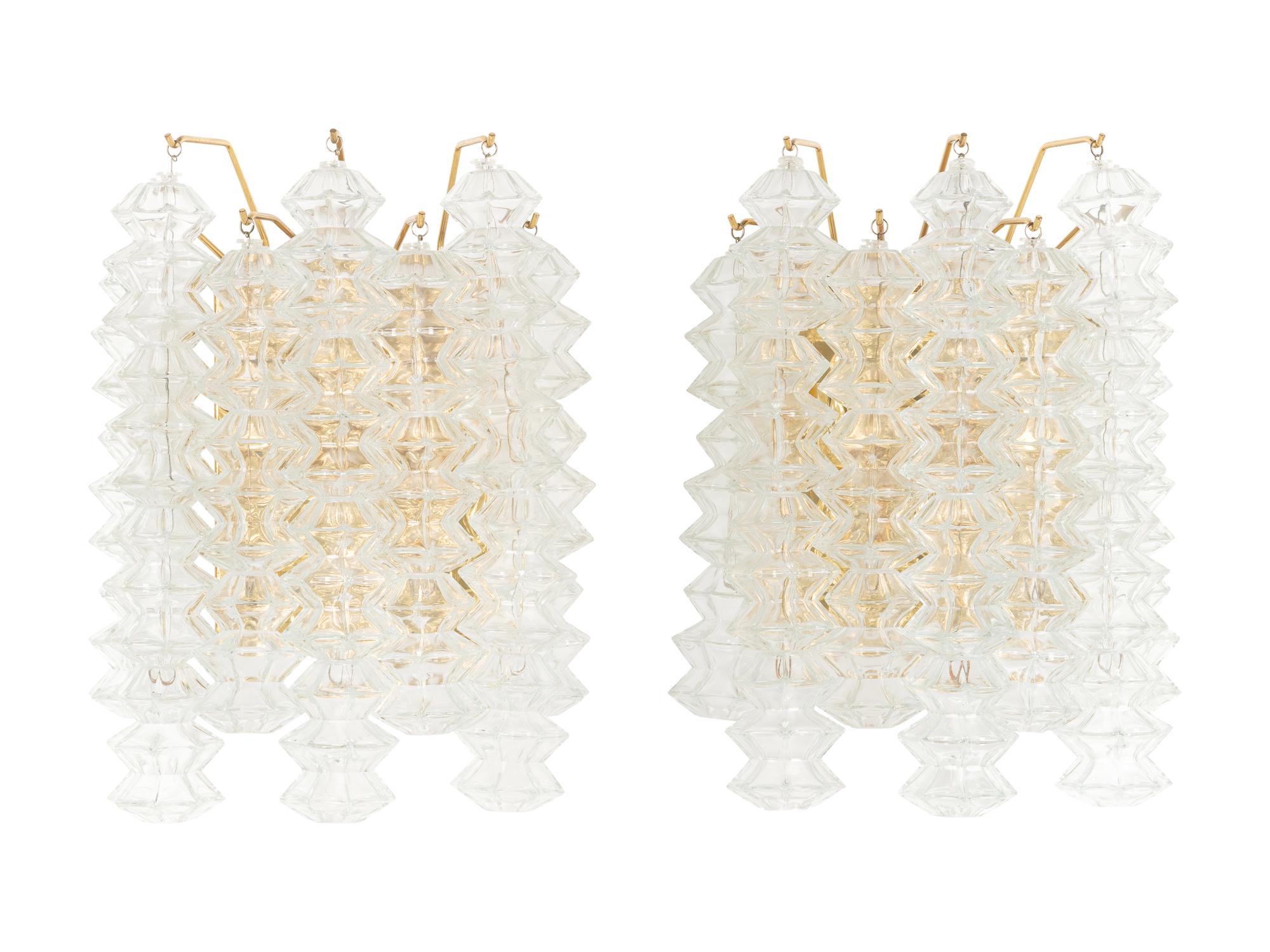A Pair of Brass and Glass Three-Light Sconces by Kalmar Franken