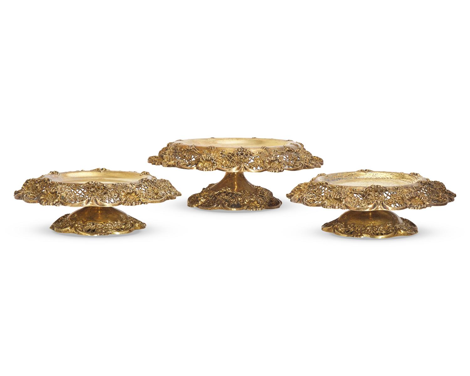 A Group Of Seven Gilt Floral Cast And Reticulated Sterling Silver Compotes