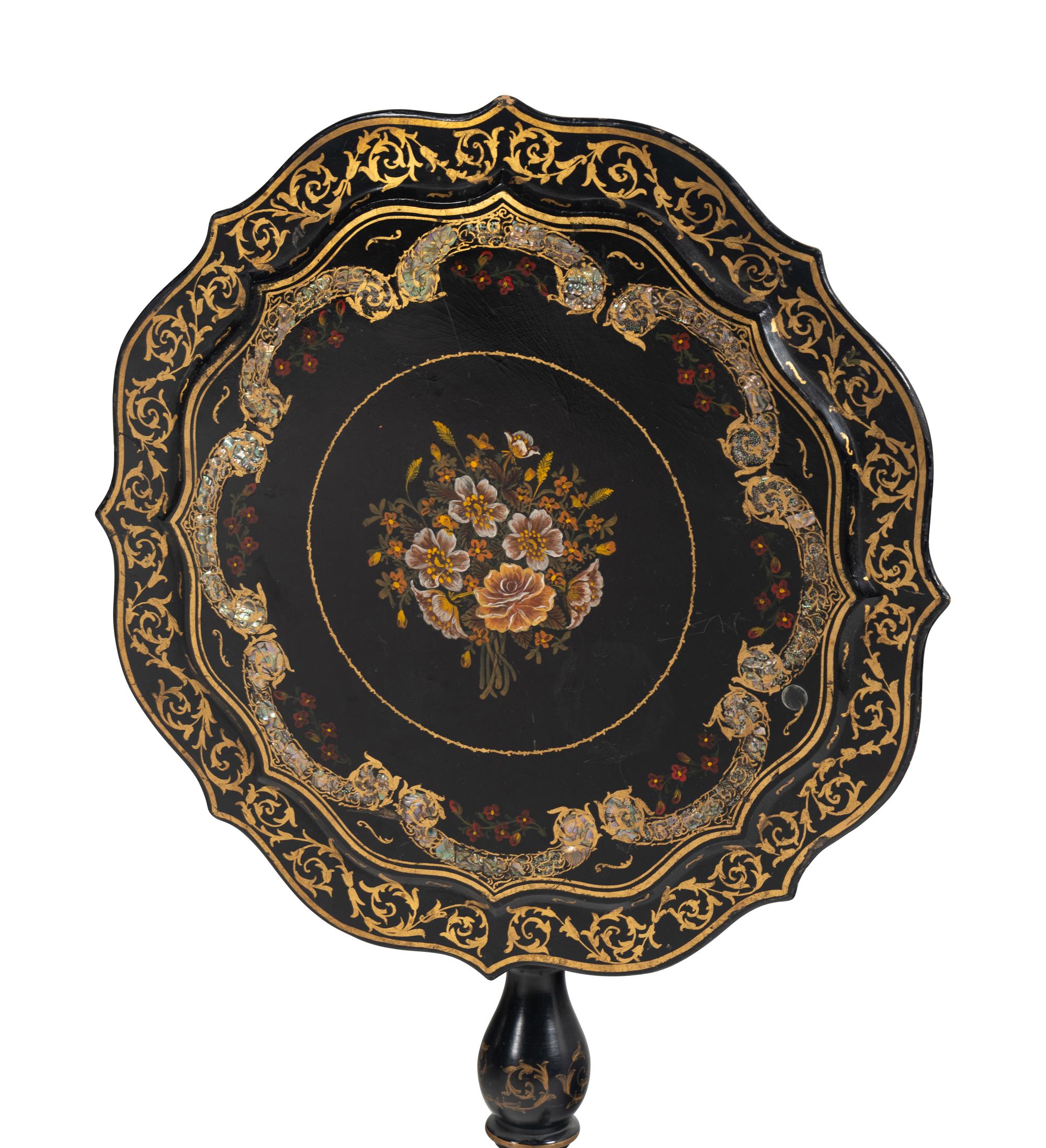 Three Victorian Mother of Pearl Papier-Mâché Tilt Top Tables