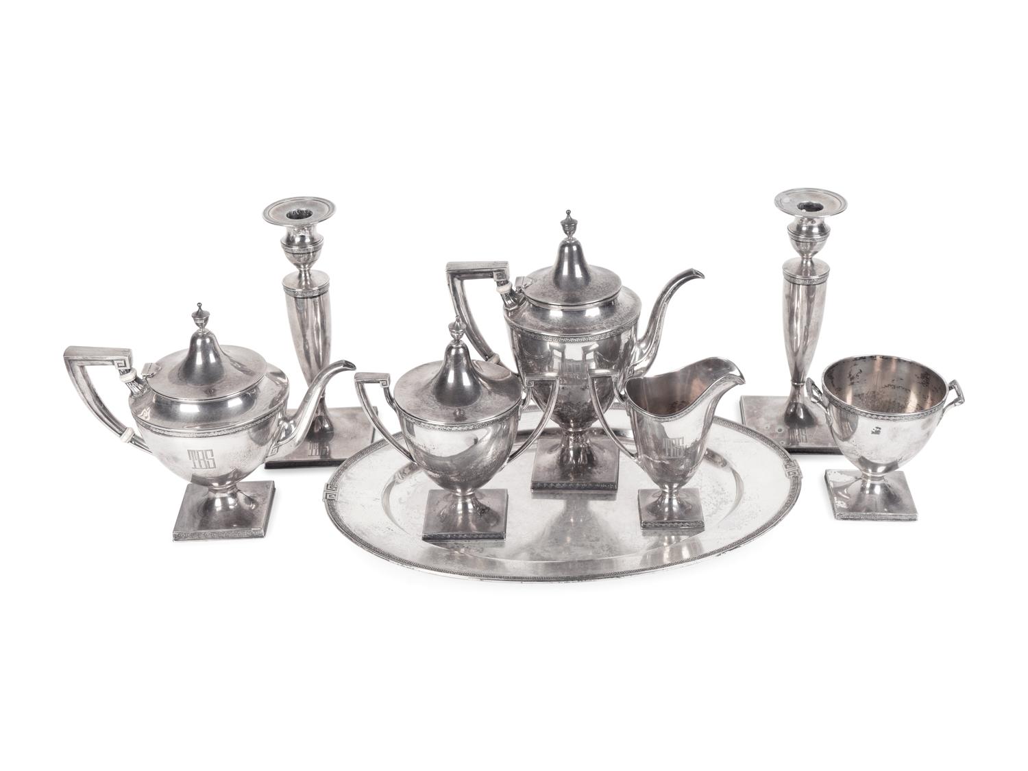 An American Silver Tea and Coffee Service with Oval Tray and Pair of Weighted Candlesticks — GORHAM MANUFACTURING COMPANY, PROVIDENCE, RHODE ISLAND