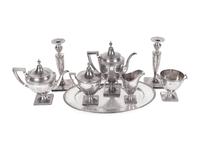 An American Silver Tea and Coffee Service with Oval Tray and Pair of Weighted Candlesticks — GORHAM MANUFACTURING COMPANY, PROVIDENCE, RHODE ISLAND