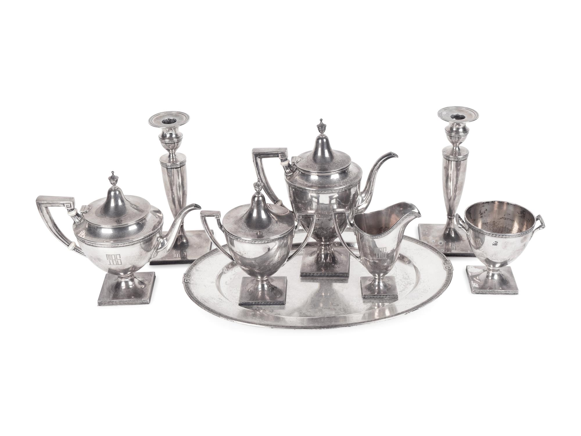 An American Silver Tea and Coffee Service with Oval Tray and Pair of Weighted Candlesticks — GORHAM MANUFACTURING COMPANY, PROVIDENCE, RHODE ISLAND
