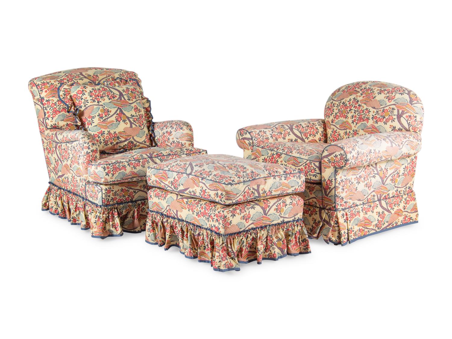 Two Contemporary Chintz-Upholstered Chairs with Ottoman