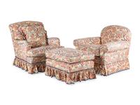 Two Contemporary Chintz-Upholstered Chairs with Ottoman